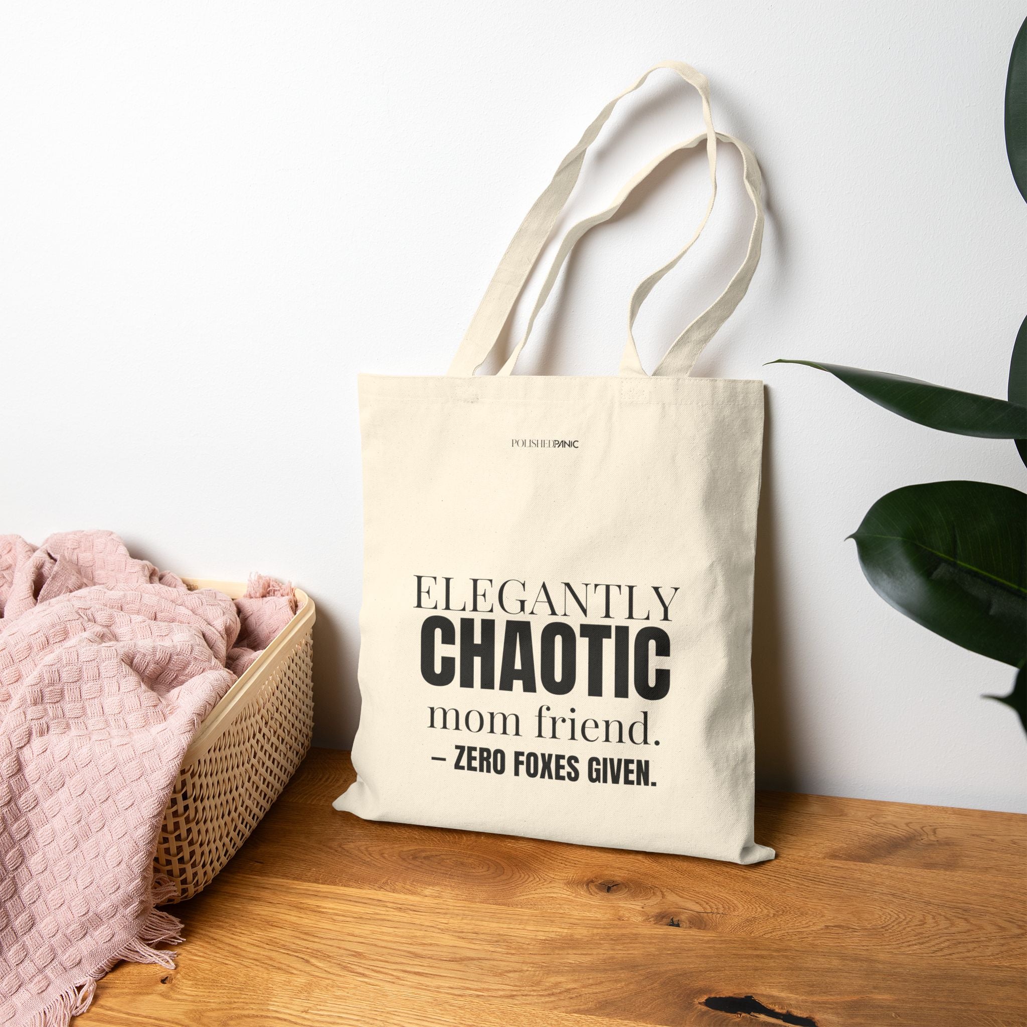 Elegantly Chaotic Mom Friend Canvas Tote Bag | Funny Zero Foxes Given Bag | Minimalist Mom Aesthetic | Bestie Gift | New Mom Survival Tote