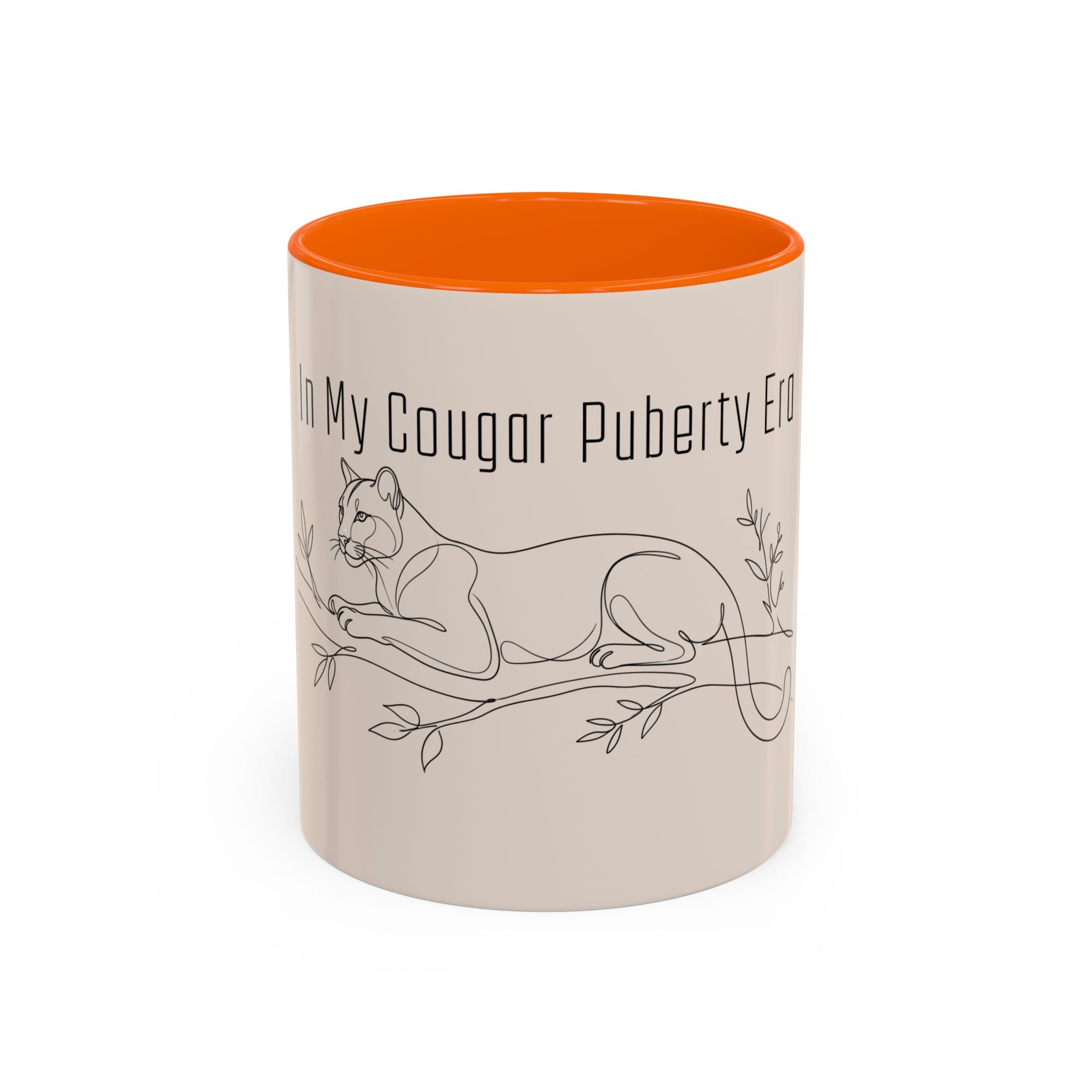 In My Cougar Puberty Era Mug — Funny Line Art Cougar Coffee Cup, Ceramic Accent Mug, PolishedPanic Cute Cat Gift for Her