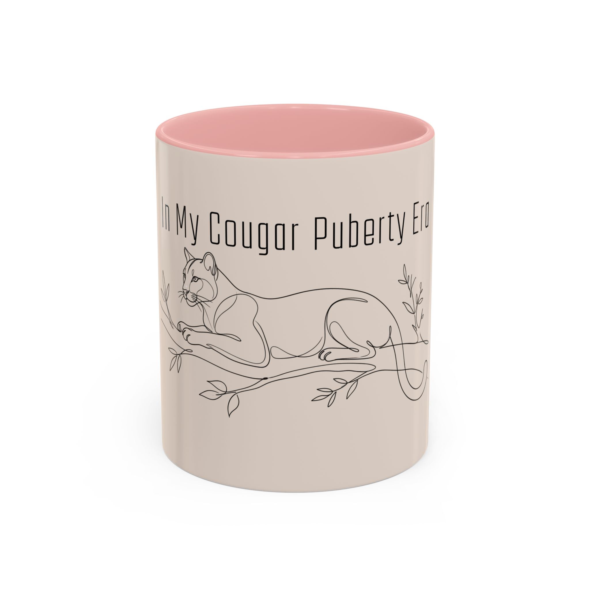 In My Cougar Puberty Era Mug — Funny Line Art Cougar Coffee Cup, Ceramic Accent Mug, PolishedPanic Cute Cat Gift for Her