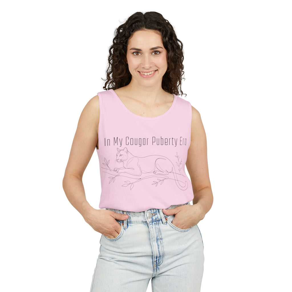 Cougar Puberty Era Tank Top — Funny Line Art Cougar Shirt, Minimalist Cat Graphic Tee, PolishedPanic Sleeveless Summer Top