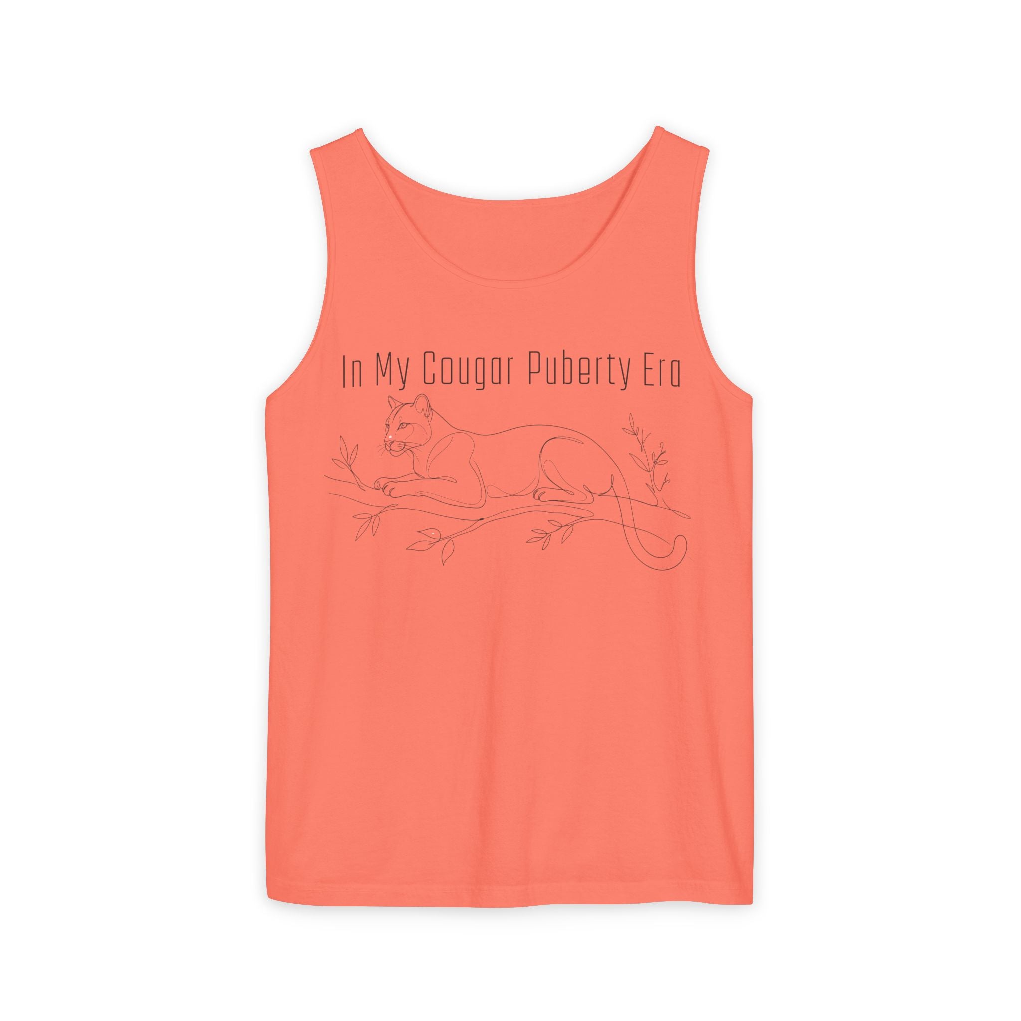 Cougar Puberty Era Tank Top — Funny Line Art Cougar Shirt, Minimalist Cat Graphic Tee, PolishedPanic Sleeveless Summer Top
