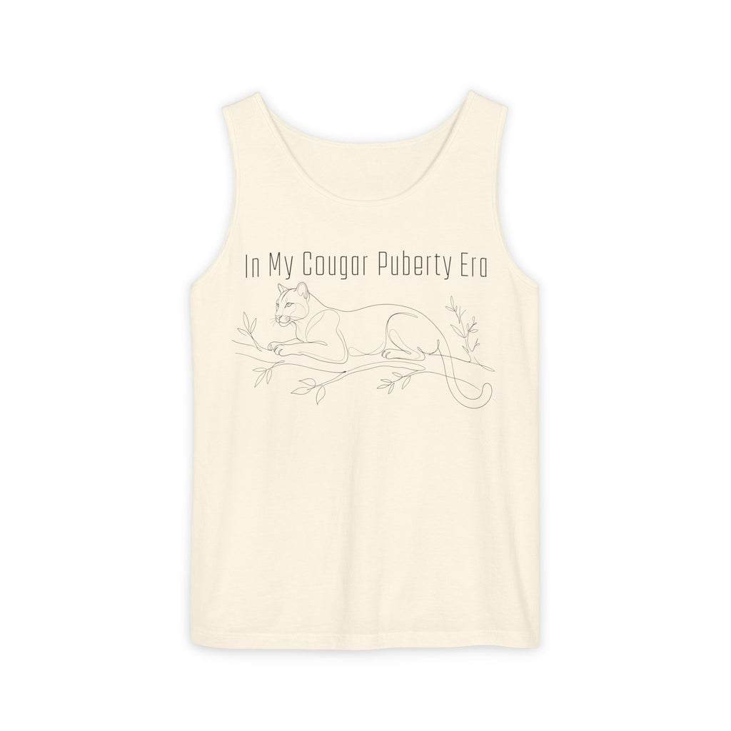 Cougar Puberty Era Tank Top — Funny Line Art Cougar Shirt, Minimalist Cat Graphic Tee, PolishedPanic Sleeveless Summer Top