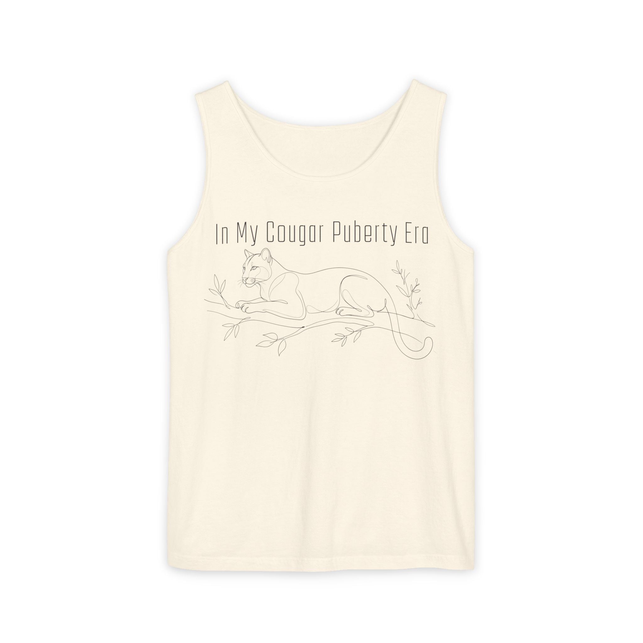 Cougar Puberty Era Tank Top — Funny Line Art Cougar Shirt, Minimalist Cat Graphic Tee, PolishedPanic Sleeveless Summer Top