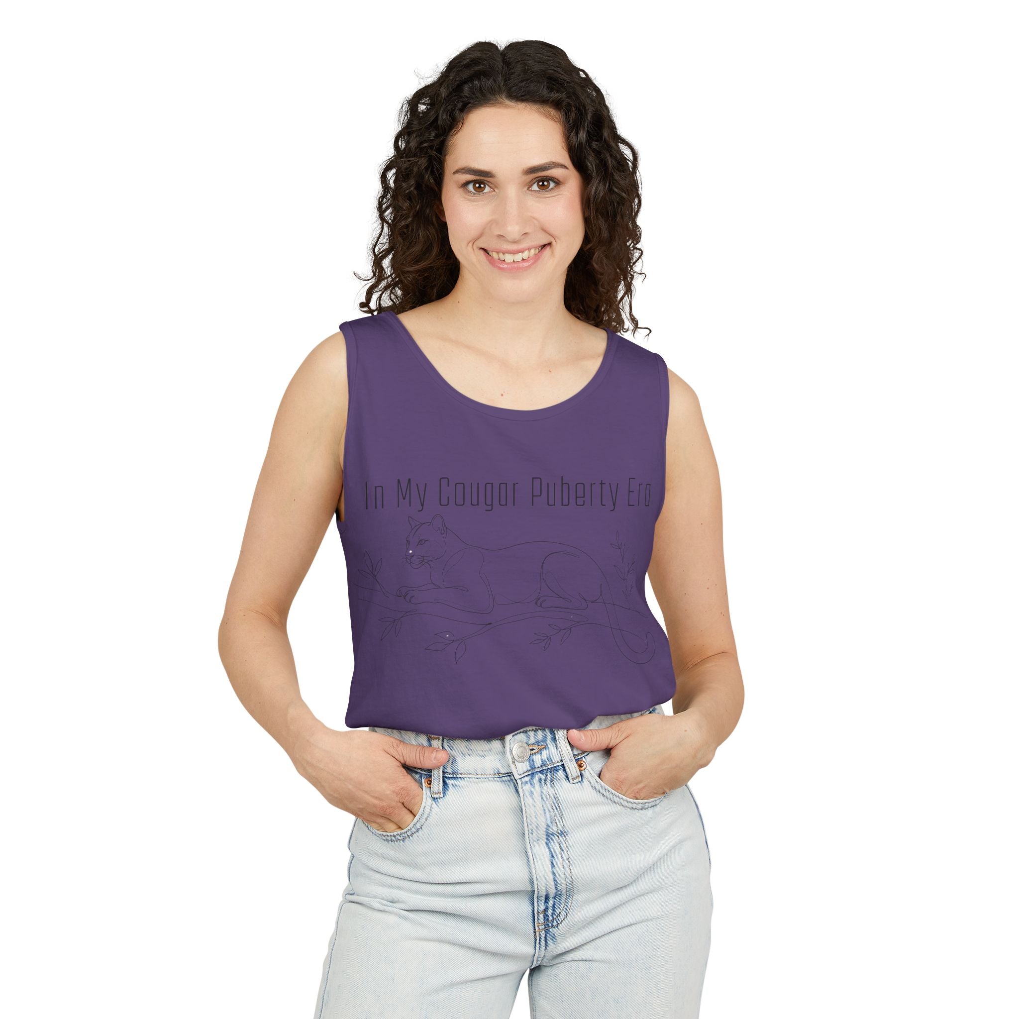 Cougar Puberty Era Tank Top — Funny Line Art Cougar Shirt, Minimalist Cat Graphic Tee, PolishedPanic Sleeveless Summer Top