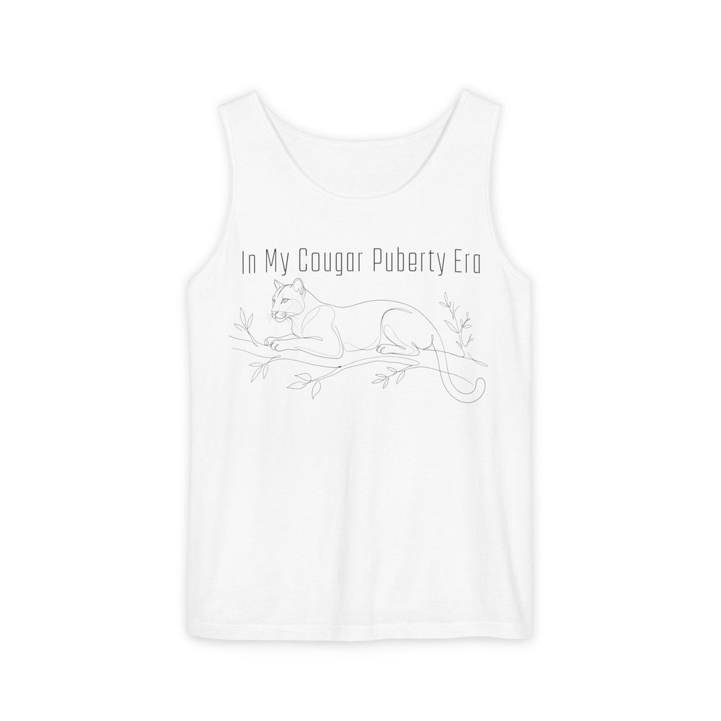 Cougar Puberty Era Tank Top — Funny Line Art Cougar Shirt, Minimalist Cat Graphic Tee, PolishedPanic Sleeveless Summer Top