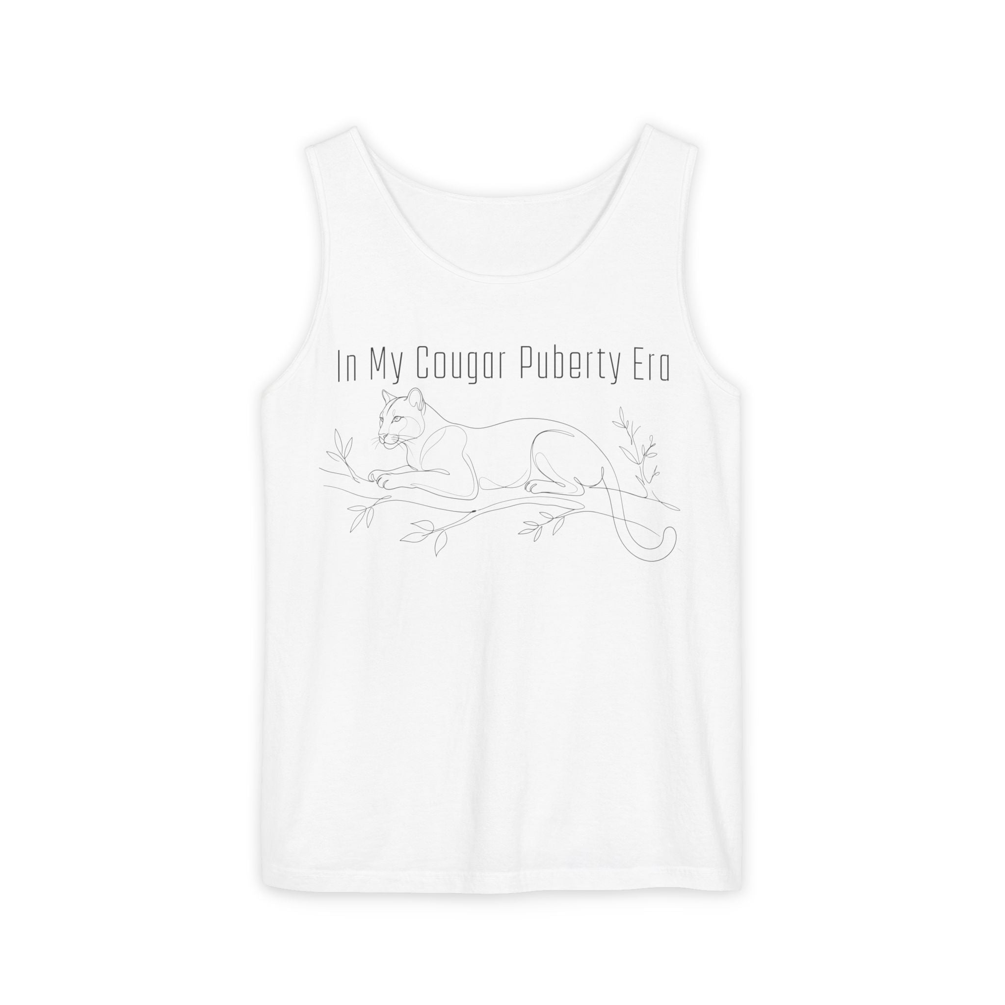 Cougar Puberty Era Tank Top — Funny Line Art Cougar Shirt, Minimalist Cat Graphic Tee, PolishedPanic Sleeveless Summer Top