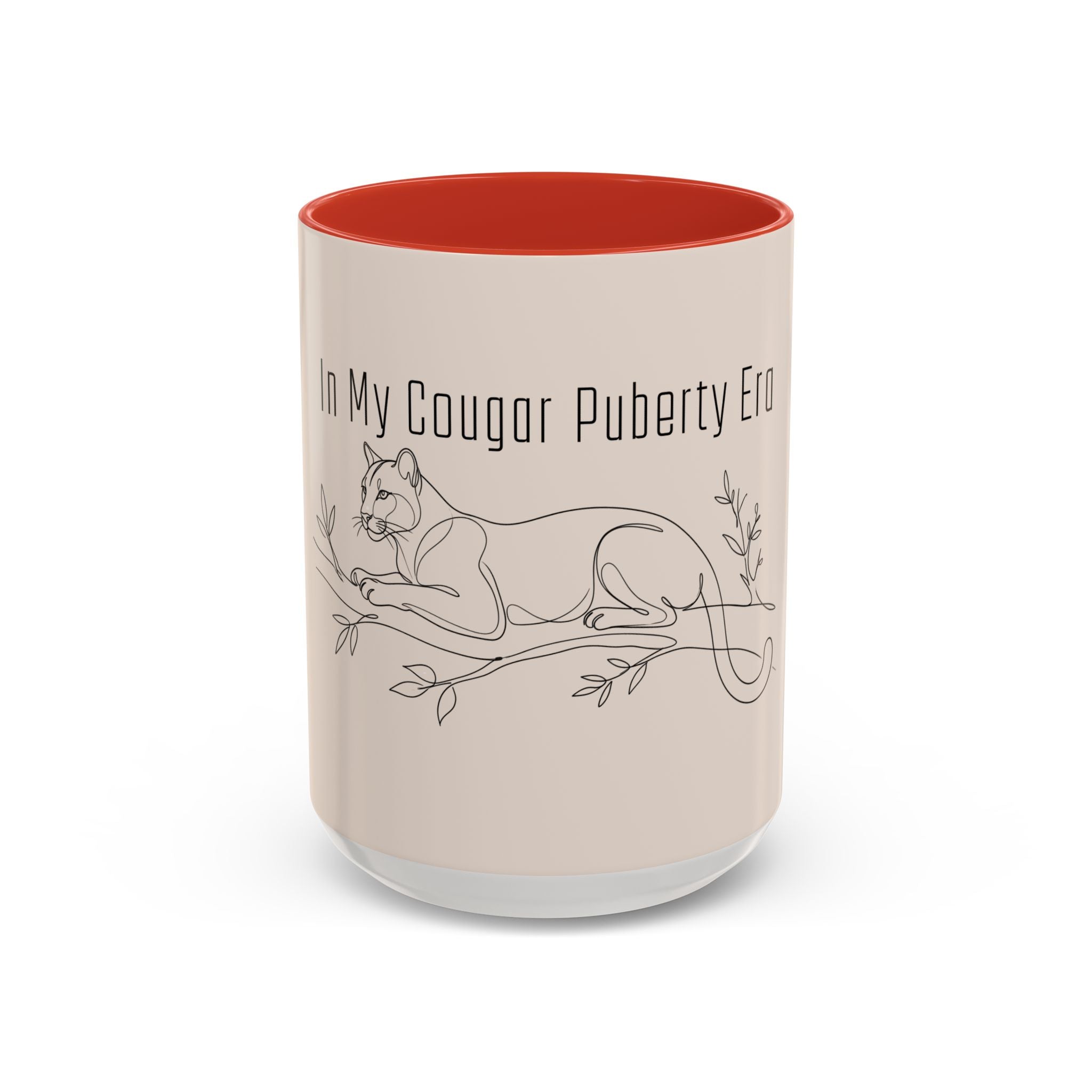 In My Cougar Puberty Era Mug — Funny Line Art Cougar Coffee Cup, Ceramic Accent Mug, PolishedPanic Cute Cat Gift for Her