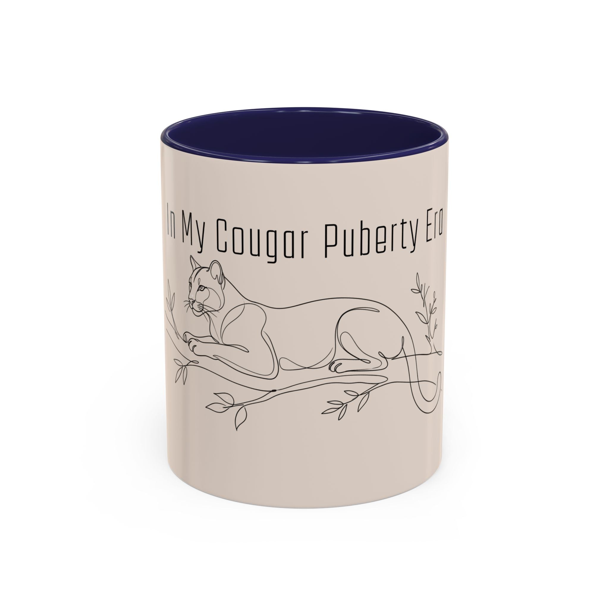 In My Cougar Puberty Era Mug — Funny Line Art Cougar Coffee Cup, Ceramic Accent Mug, PolishedPanic Cute Cat Gift for Her