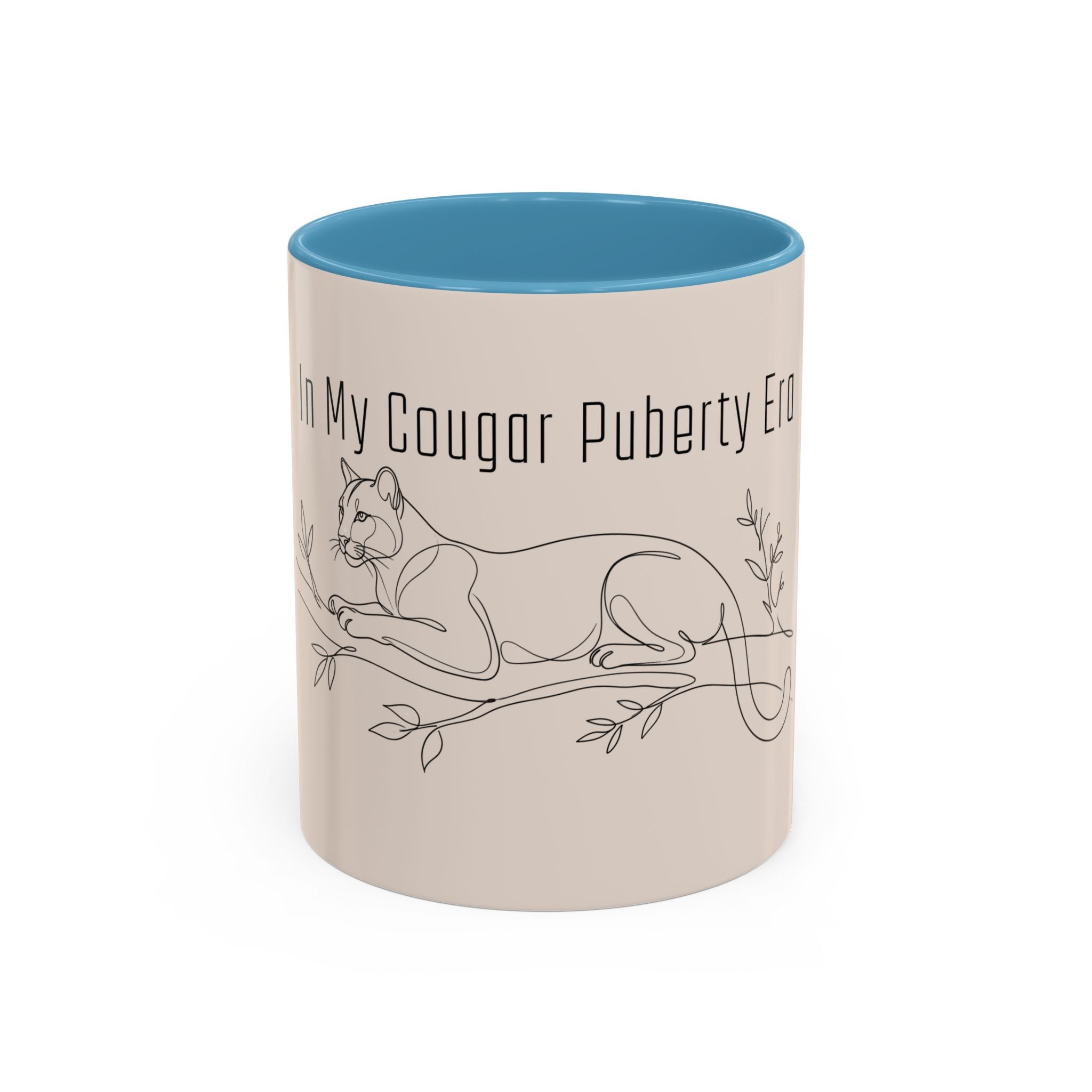 In My Cougar Puberty Era Mug — Funny Line Art Cougar Coffee Cup, Ceramic Accent Mug, PolishedPanic Cute Cat Gift for Her