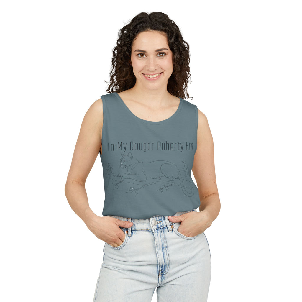 Cougar Puberty Era Tank Top — Funny Line Art Cougar Shirt, Minimalist Cat Graphic Tee, PolishedPanic Sleeveless Summer Top
