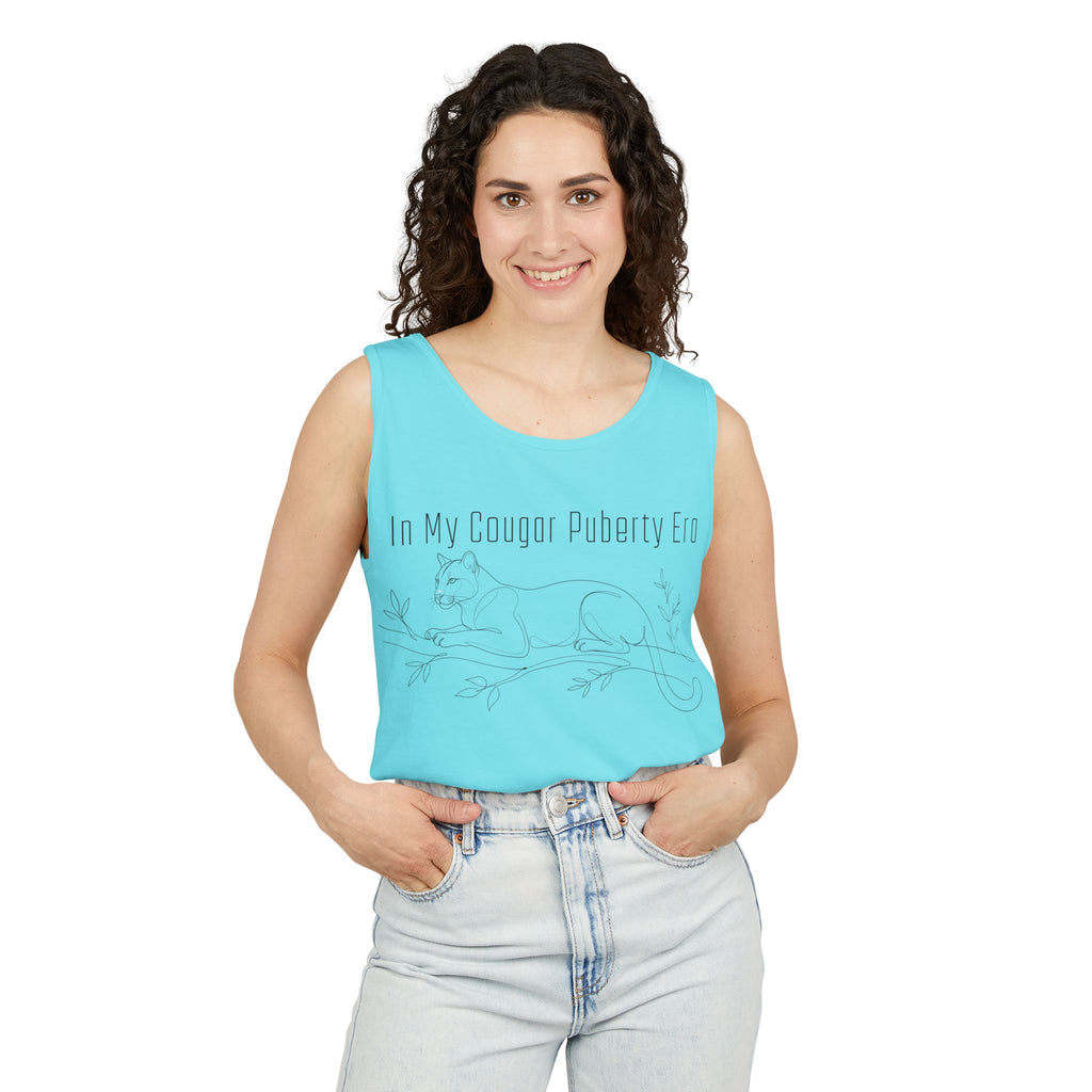 Cougar Puberty Era Tank Top — Funny Line Art Cougar Shirt, Minimalist Cat Graphic Tee, PolishedPanic Sleeveless Summer Top