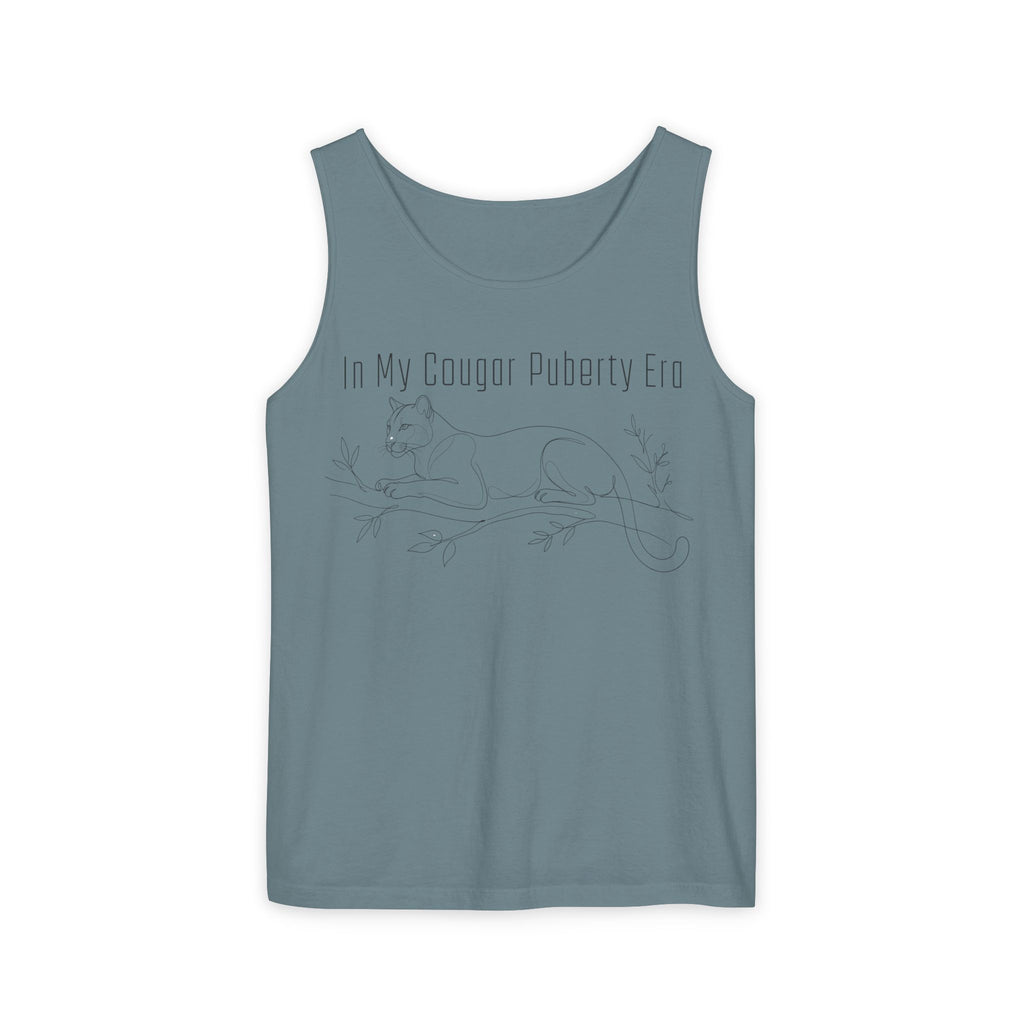 Cougar Puberty Era Tank Top — Funny Line Art Cougar Shirt, Minimalist Cat Graphic Tee, PolishedPanic Sleeveless Summer Top