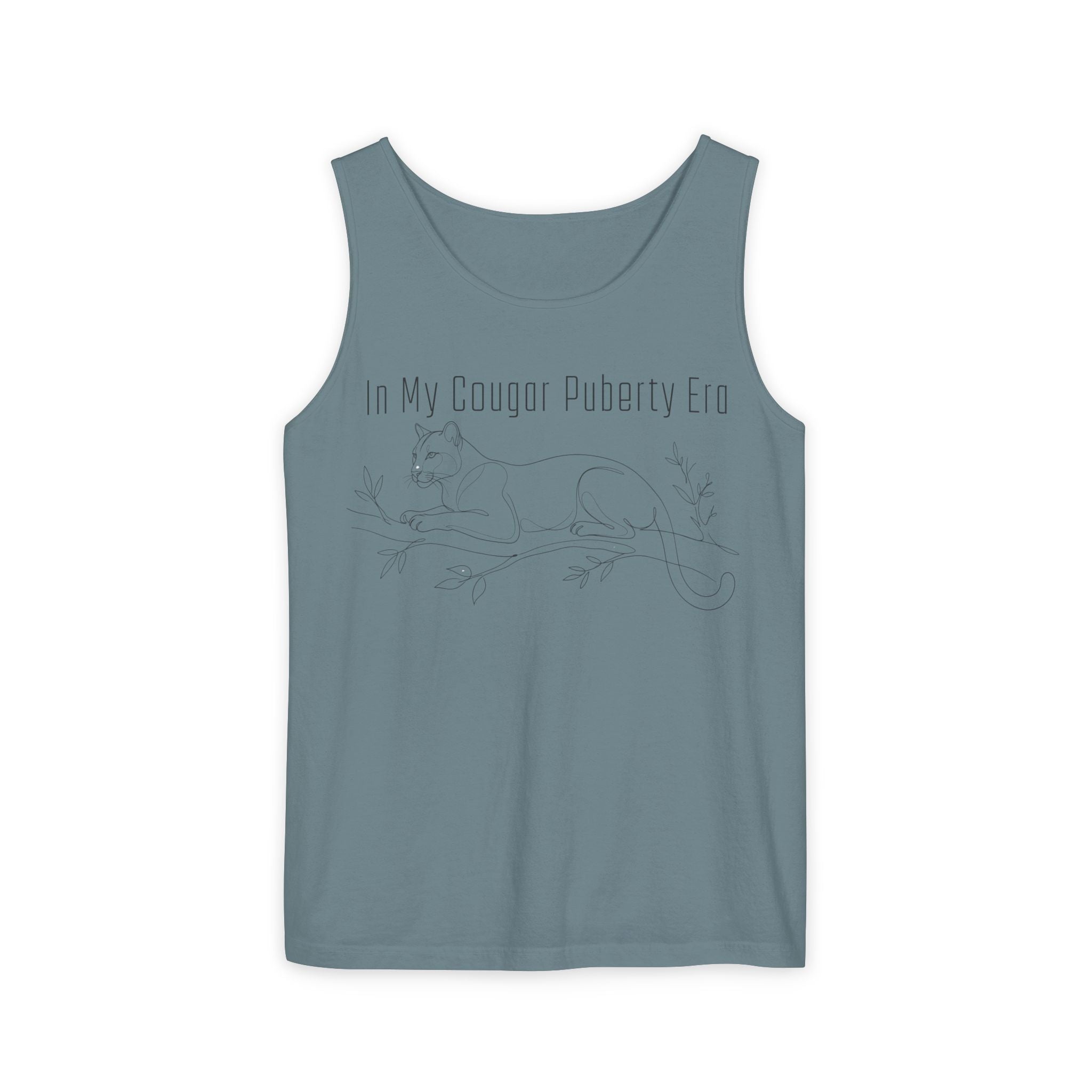 Cougar Puberty Era Tank Top — Funny Line Art Cougar Shirt, Minimalist Cat Graphic Tee, PolishedPanic Sleeveless Summer Top