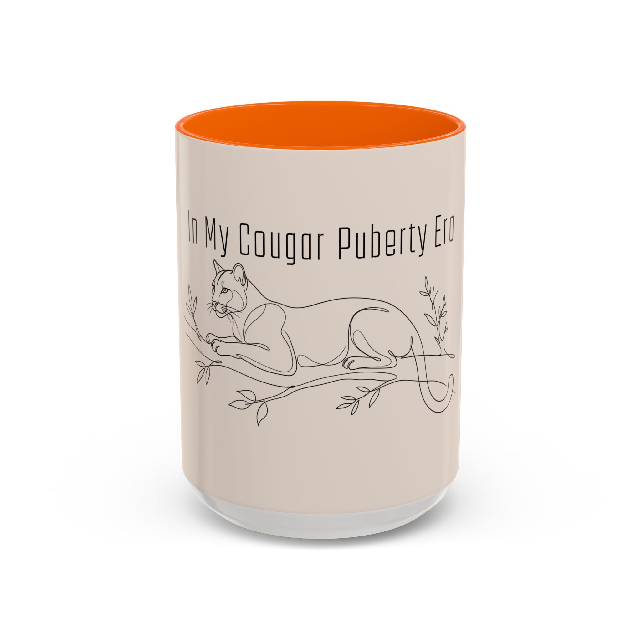 In My Cougar Puberty Era Mug — Funny Line Art Cougar Coffee Cup, Ceramic Accent Mug, PolishedPanic Cute Cat Gift for Her