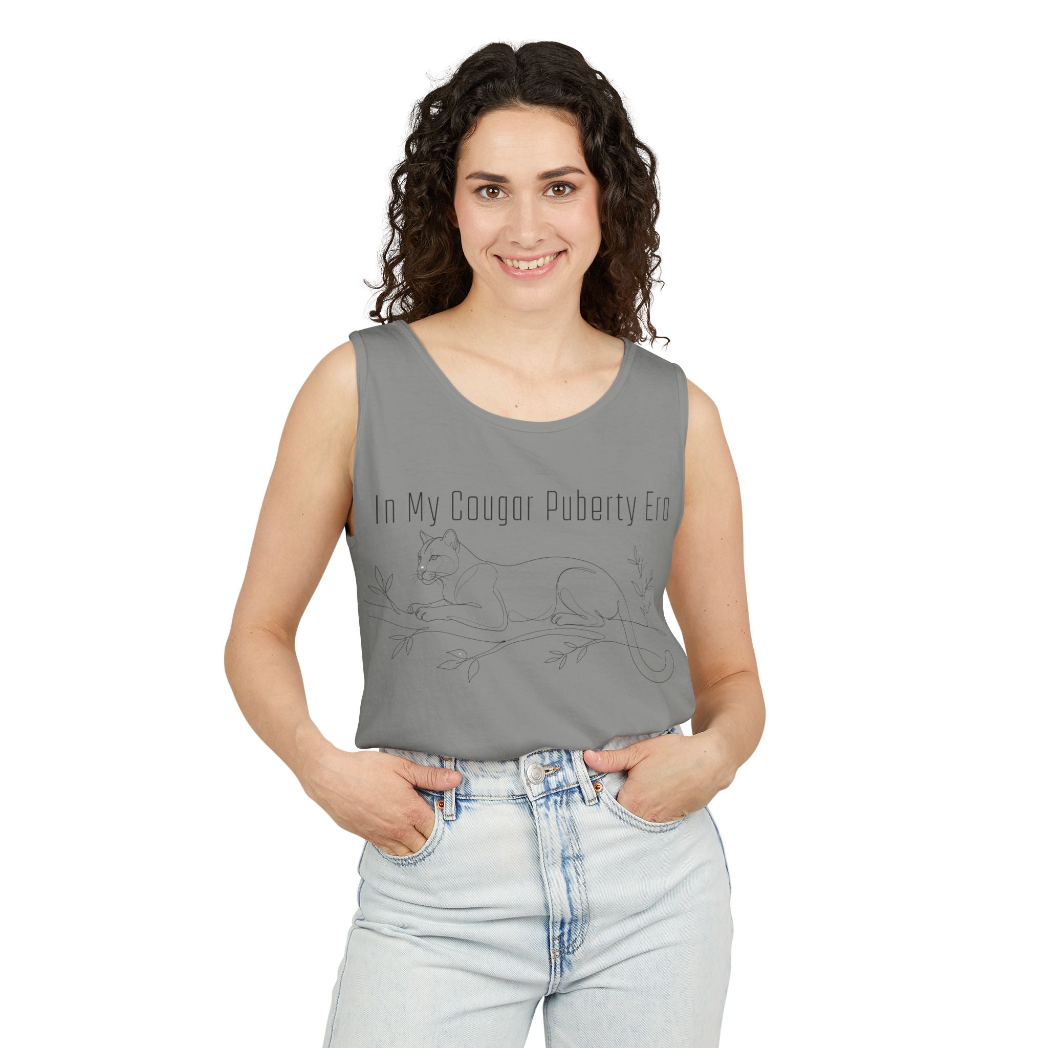 Cougar Puberty Era Tank Top — Funny Line Art Cougar Shirt, Minimalist Cat Graphic Tee, PolishedPanic Sleeveless Summer Top