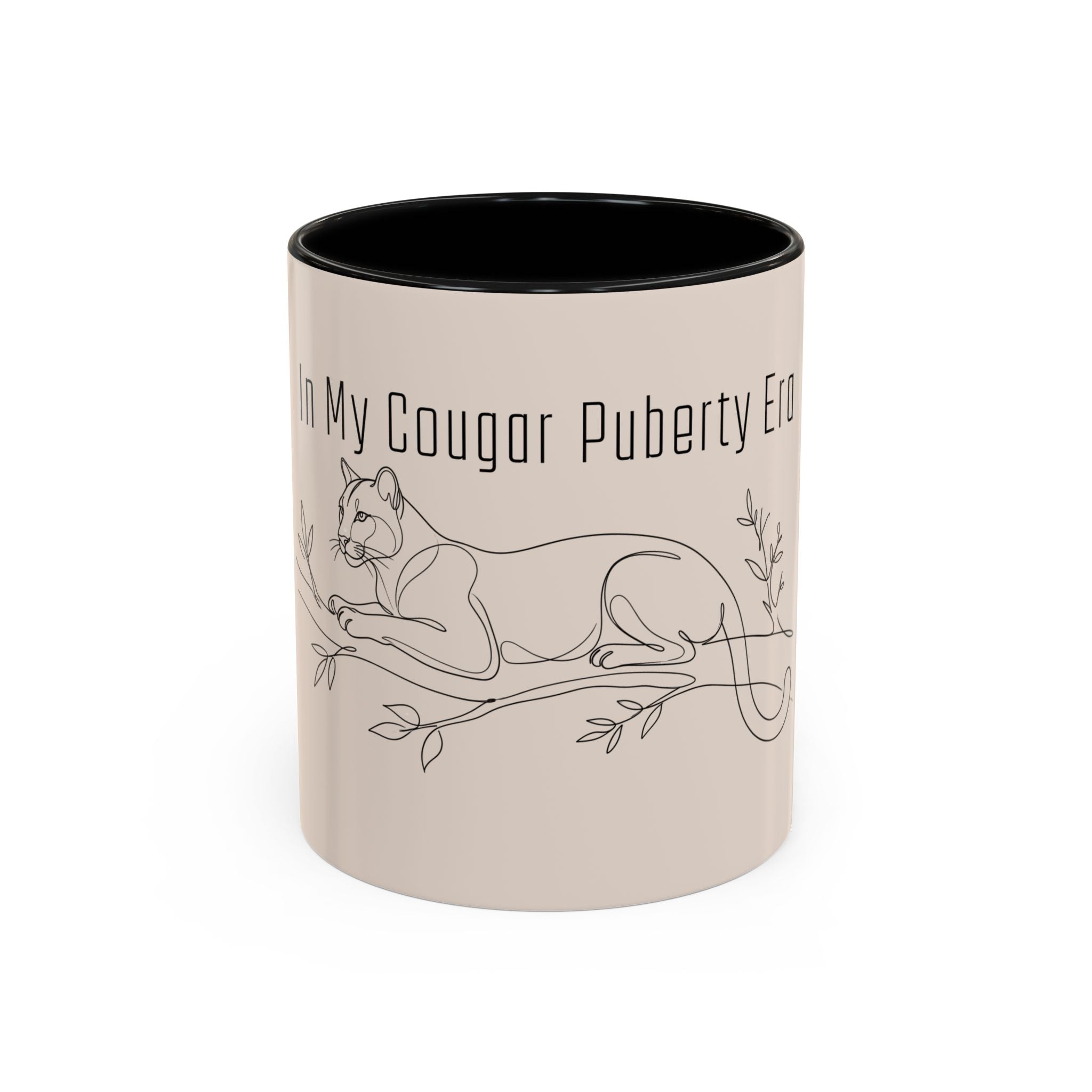 In My Cougar Puberty Era Mug — Funny Line Art Cougar Coffee Cup, Ceramic Accent Mug, PolishedPanic Cute Cat Gift for Her