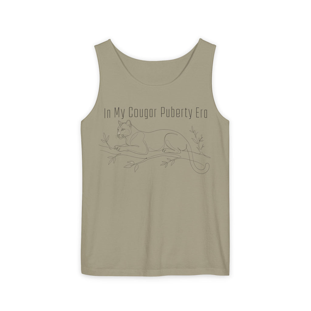 Cougar Puberty Era Tank Top — Funny Line Art Cougar Shirt, Minimalist Cat Graphic Tee, PolishedPanic Sleeveless Summer Top