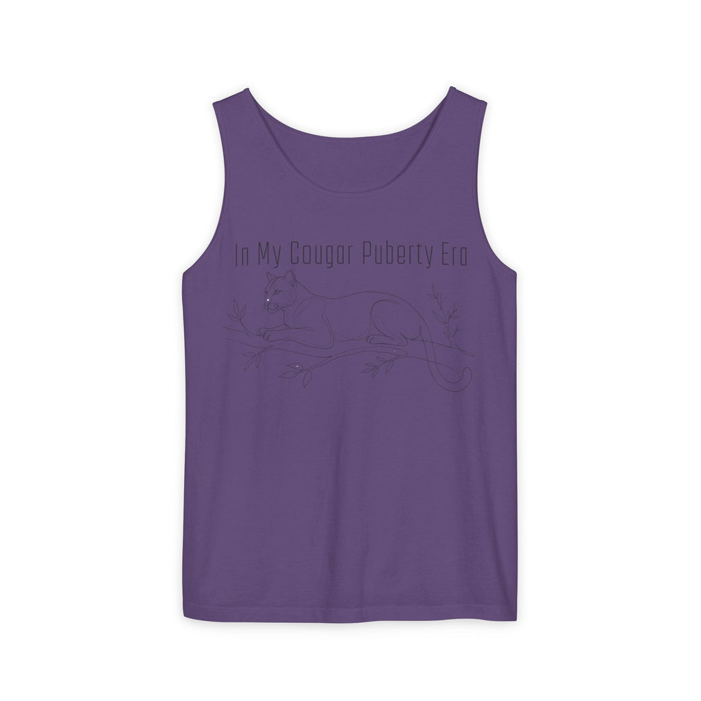 Cougar Puberty Era Tank Top — Funny Line Art Cougar Shirt, Minimalist Cat Graphic Tee, PolishedPanic Sleeveless Summer Top