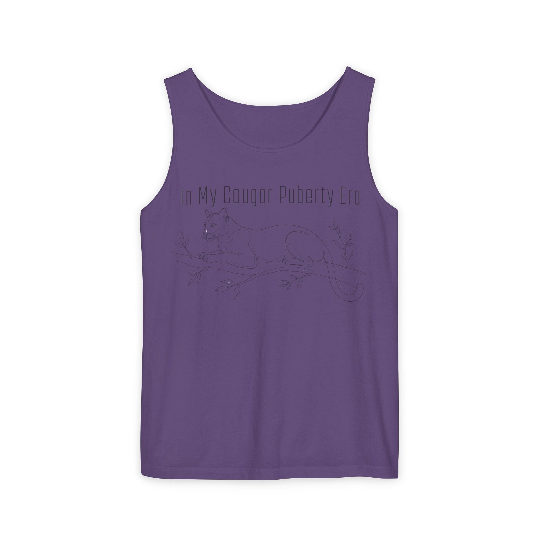 Cougar Puberty Era Tank Top — Funny Line Art Cougar Shirt, Minimalist Cat Graphic Tee, PolishedPanic Sleeveless Summer Top