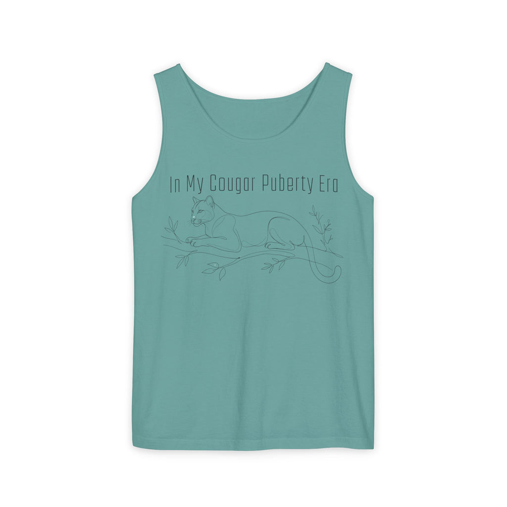 Cougar Puberty Era Tank Top — Funny Line Art Cougar Shirt, Minimalist Cat Graphic Tee, PolishedPanic Sleeveless Summer Top