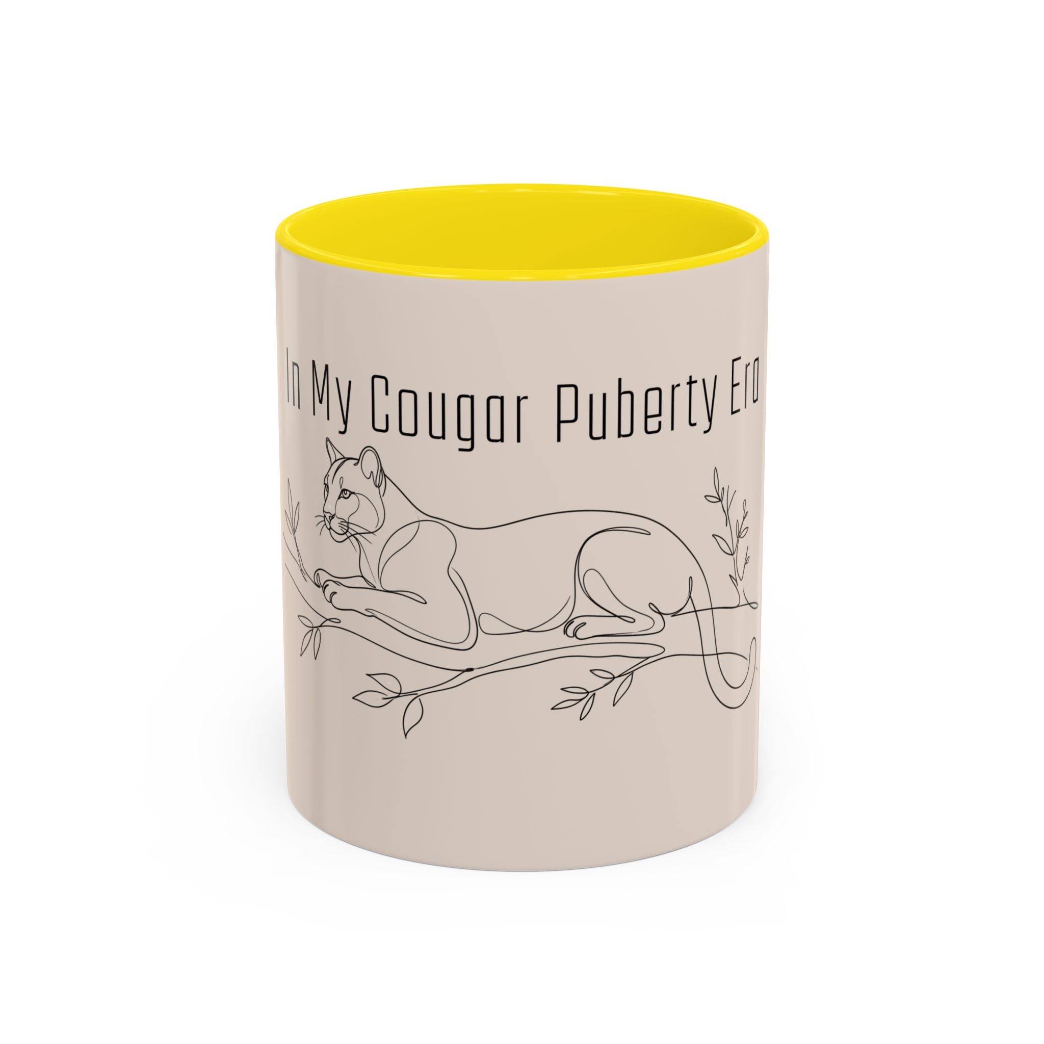 In My Cougar Puberty Era Mug — Funny Line Art Cougar Coffee Cup, Ceramic Accent Mug, PolishedPanic Cute Cat Gift for Her