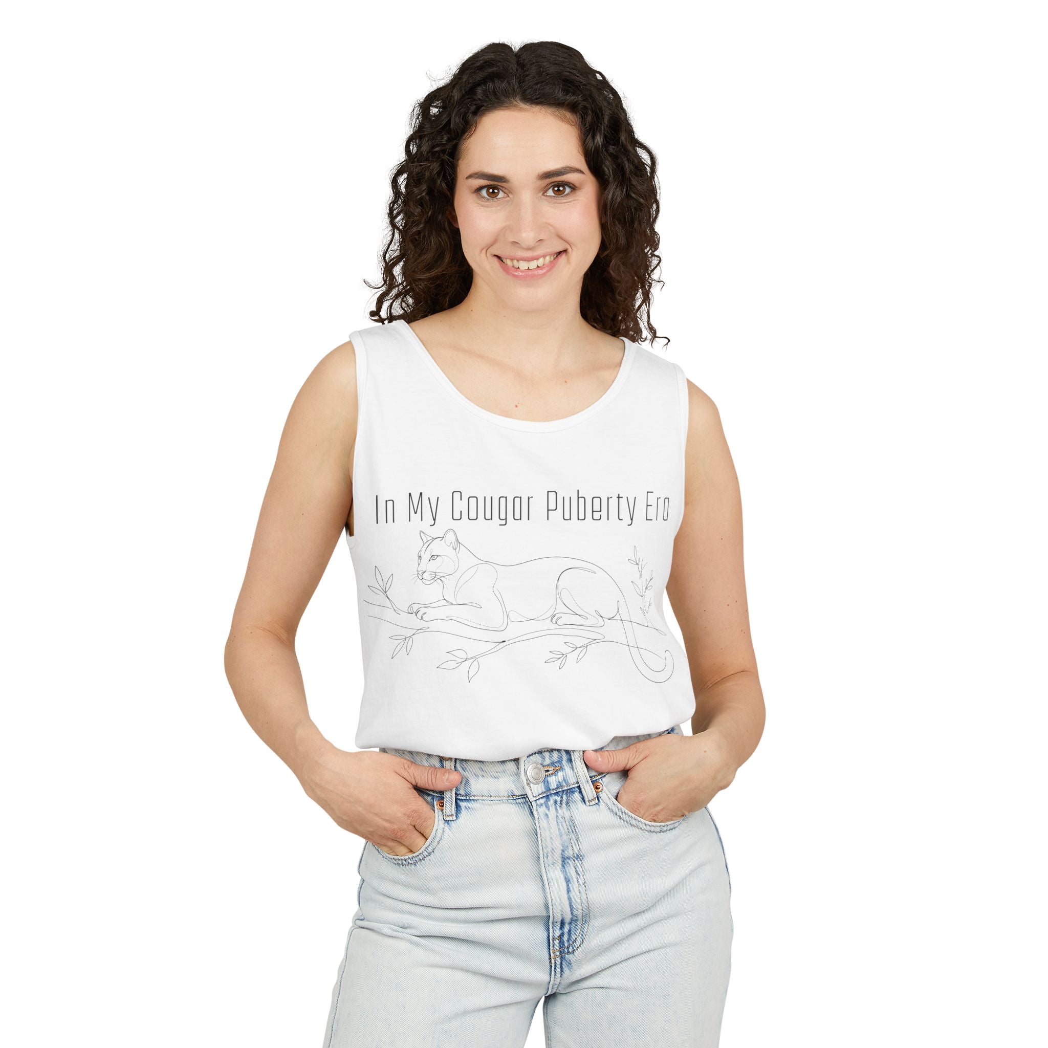 Cougar Puberty Era Tank Top — Funny Line Art Cougar Shirt, Minimalist Cat Graphic Tee, PolishedPanic Sleeveless Summer Top