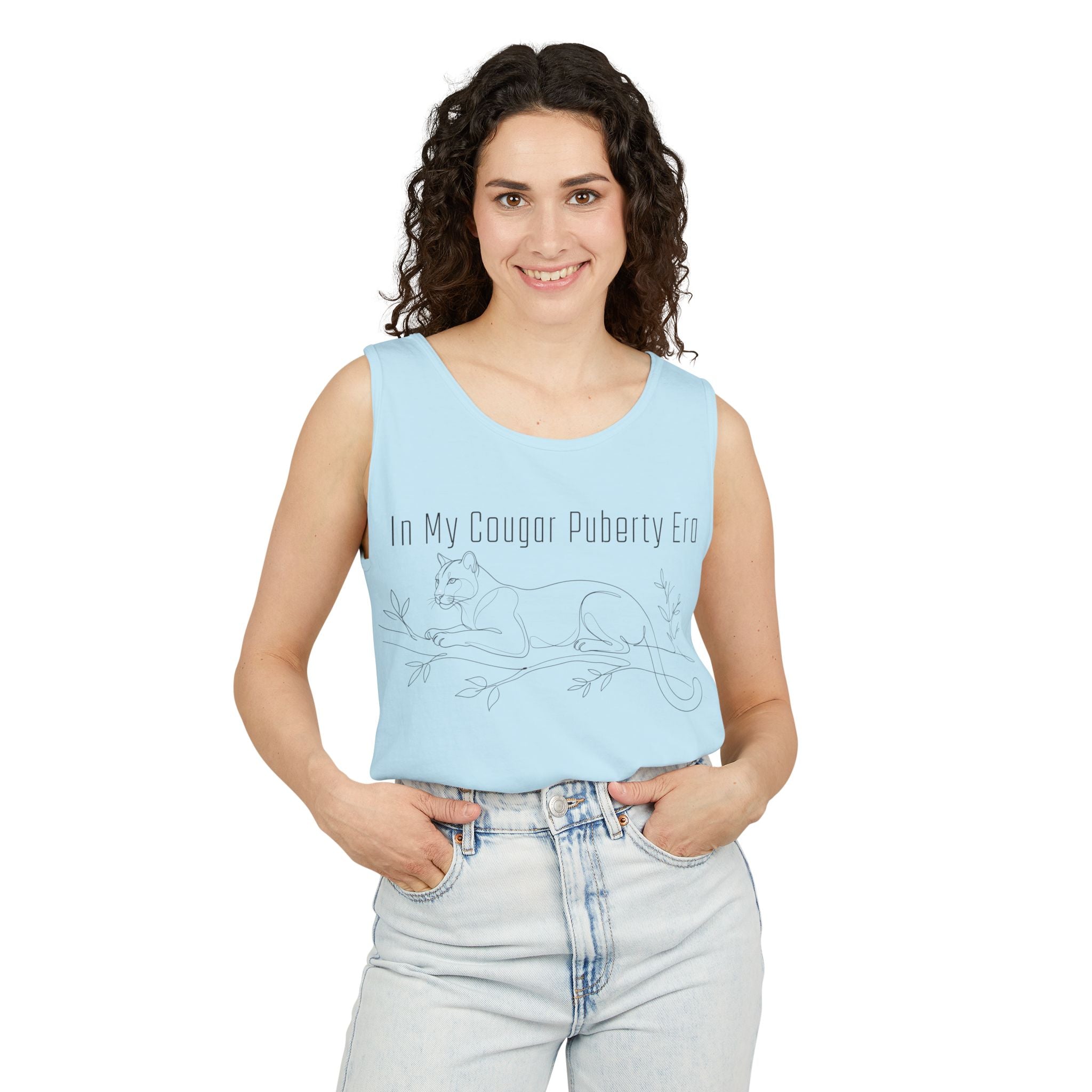 Cougar Puberty Era Tank Top — Funny Line Art Cougar Shirt, Minimalist Cat Graphic Tee, PolishedPanic Sleeveless Summer Top