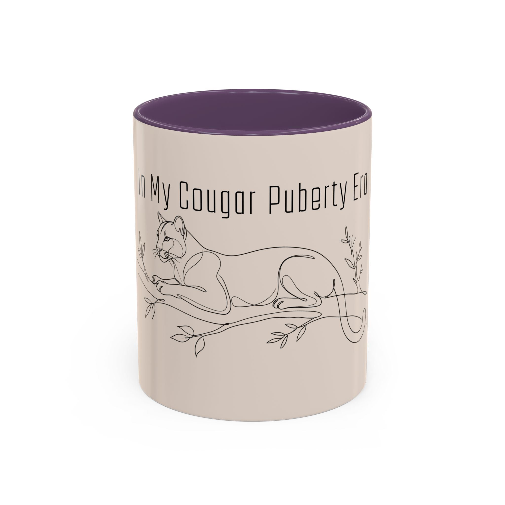In My Cougar Puberty Era Mug — Funny Line Art Cougar Coffee Cup, Ceramic Accent Mug, PolishedPanic Cute Cat Gift for Her