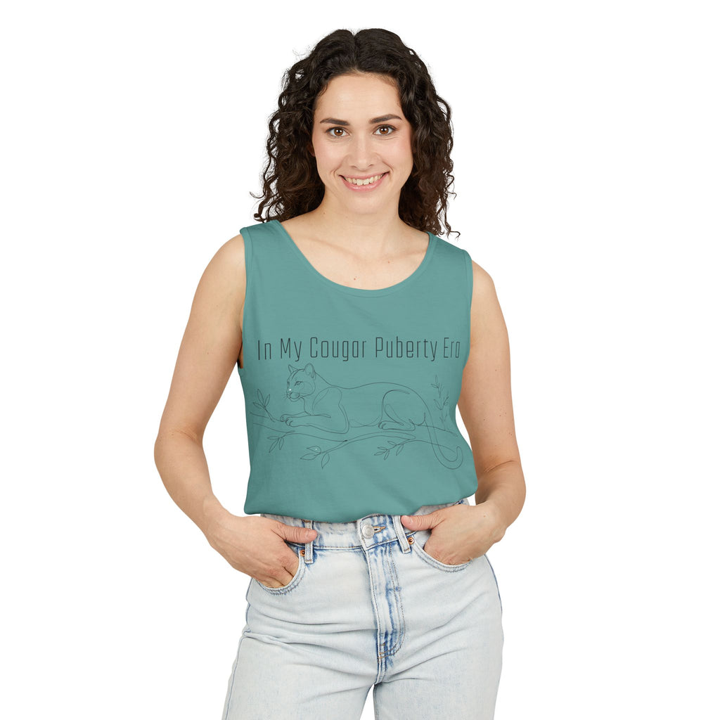 Cougar Puberty Era Tank Top — Funny Line Art Cougar Shirt, Minimalist Cat Graphic Tee, PolishedPanic Sleeveless Summer Top