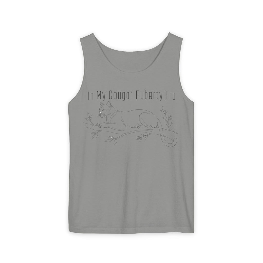 Cougar Puberty Era Tank Top — Funny Line Art Cougar Shirt, Minimalist Cat Graphic Tee, PolishedPanic Sleeveless Summer Top
