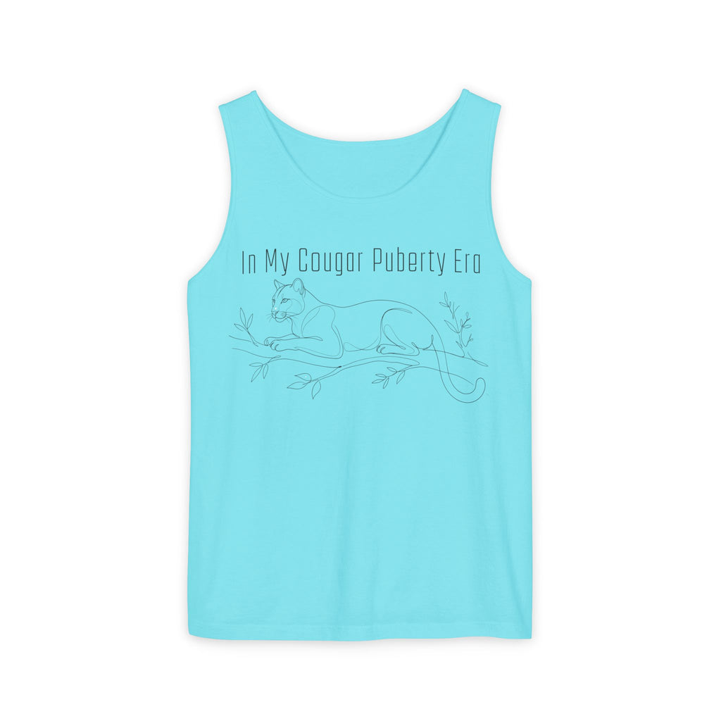 Cougar Puberty Era Tank Top — Funny Line Art Cougar Shirt, Minimalist Cat Graphic Tee, PolishedPanic Sleeveless Summer Top