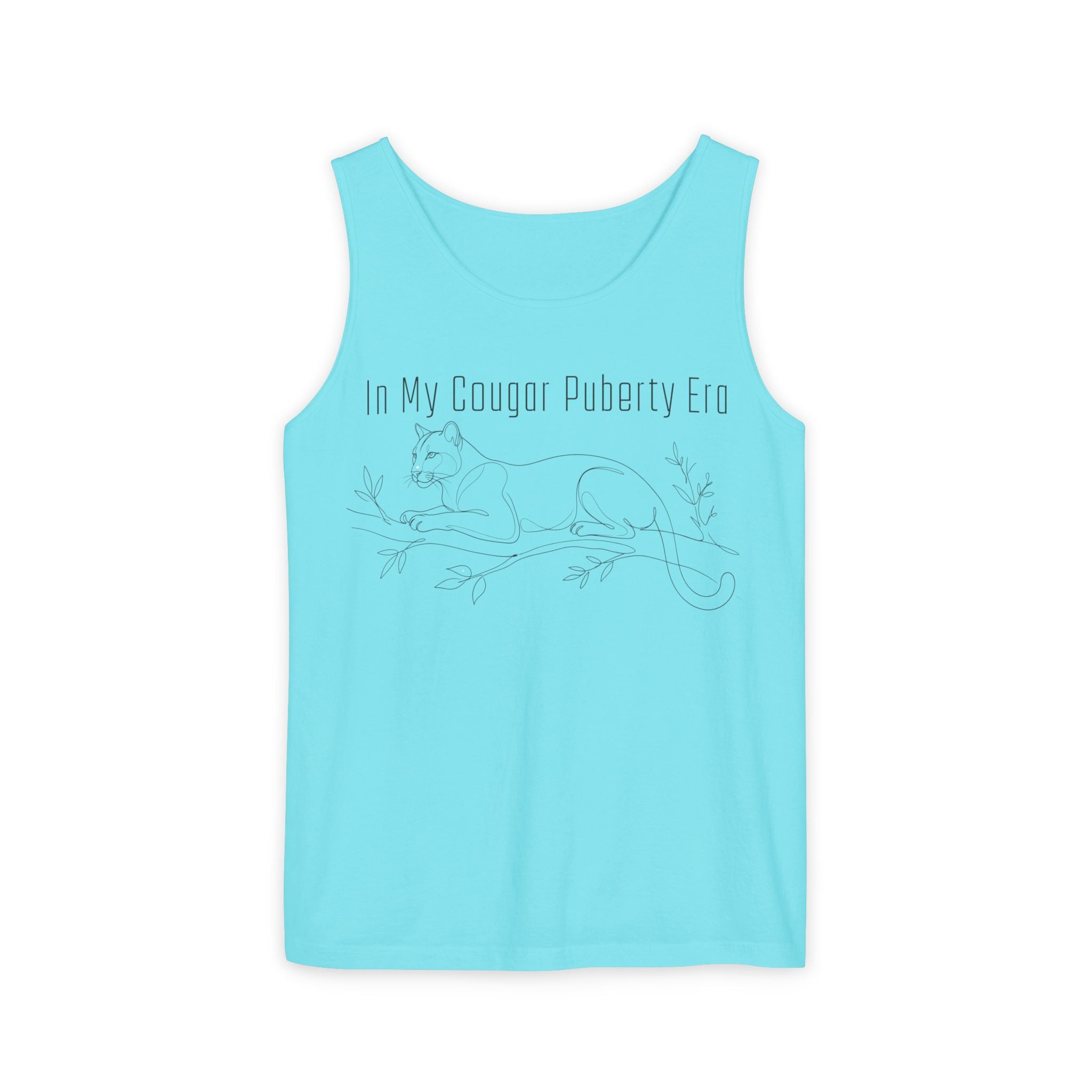 Cougar Puberty Era Tank Top — Funny Line Art Cougar Shirt, Minimalist Cat Graphic Tee, PolishedPanic Sleeveless Summer Top