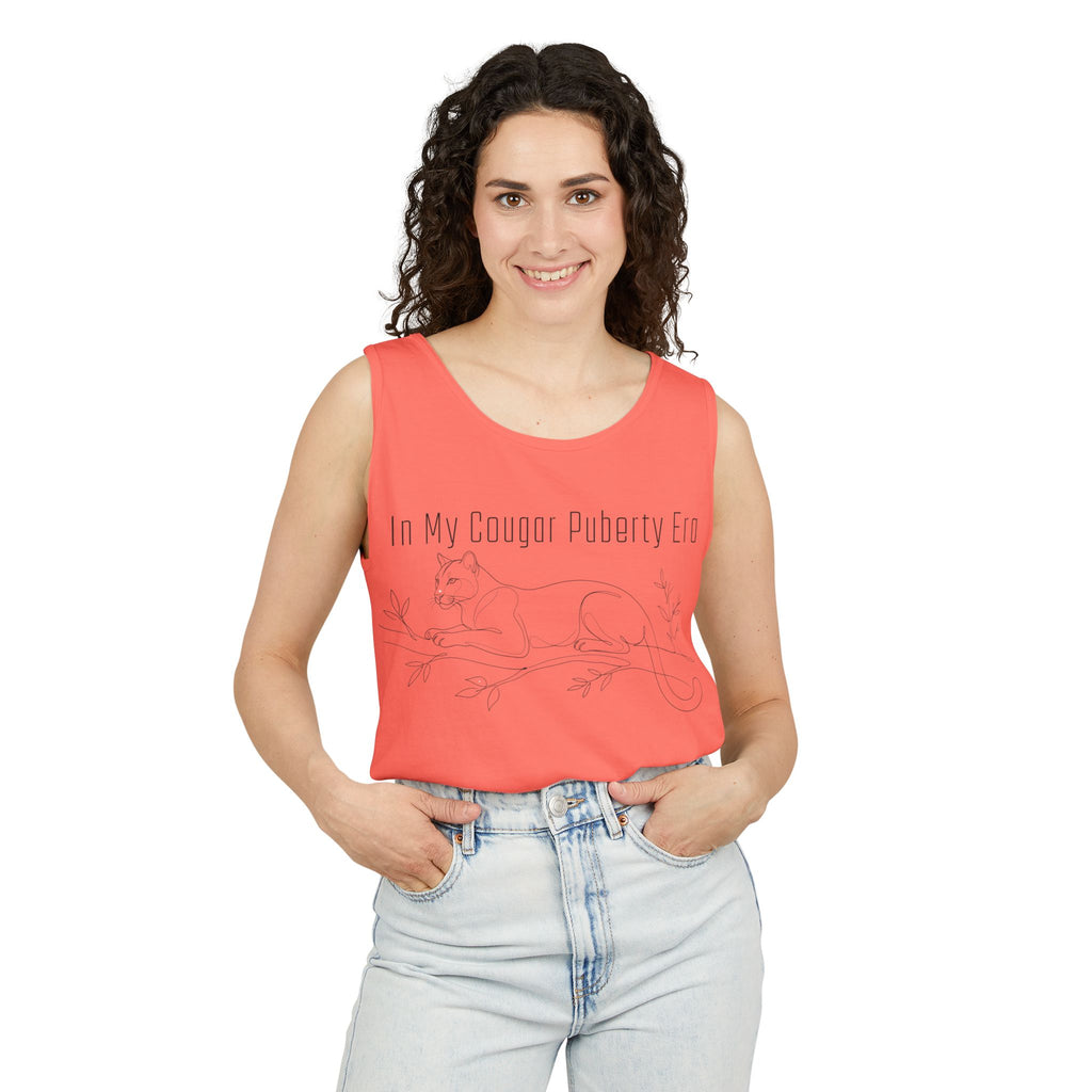 Cougar Puberty Era Tank Top — Funny Line Art Cougar Shirt, Minimalist Cat Graphic Tee, PolishedPanic Sleeveless Summer Top
