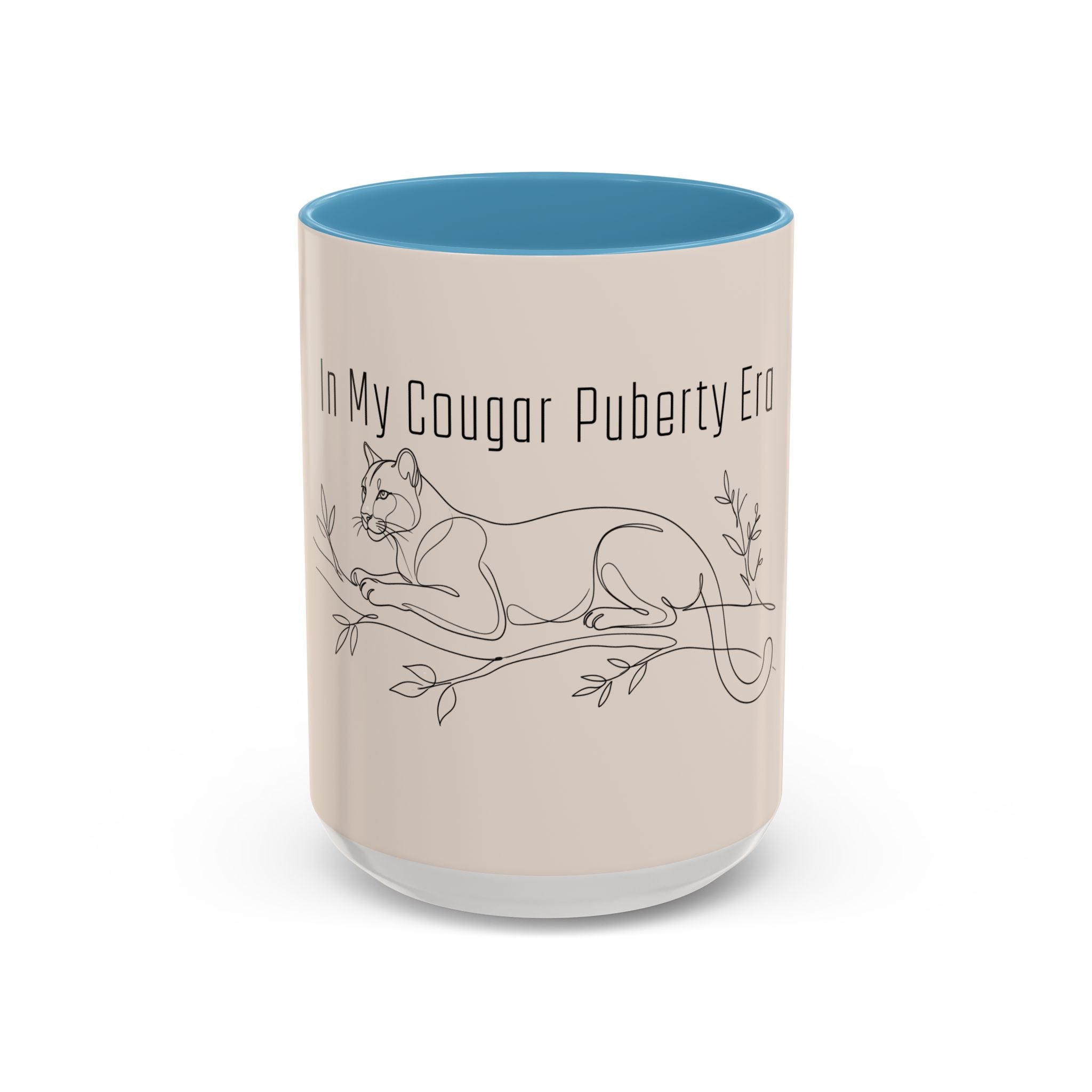 In My Cougar Puberty Era Mug — Funny Line Art Cougar Coffee Cup, Ceramic Accent Mug, PolishedPanic Cute Cat Gift for Her