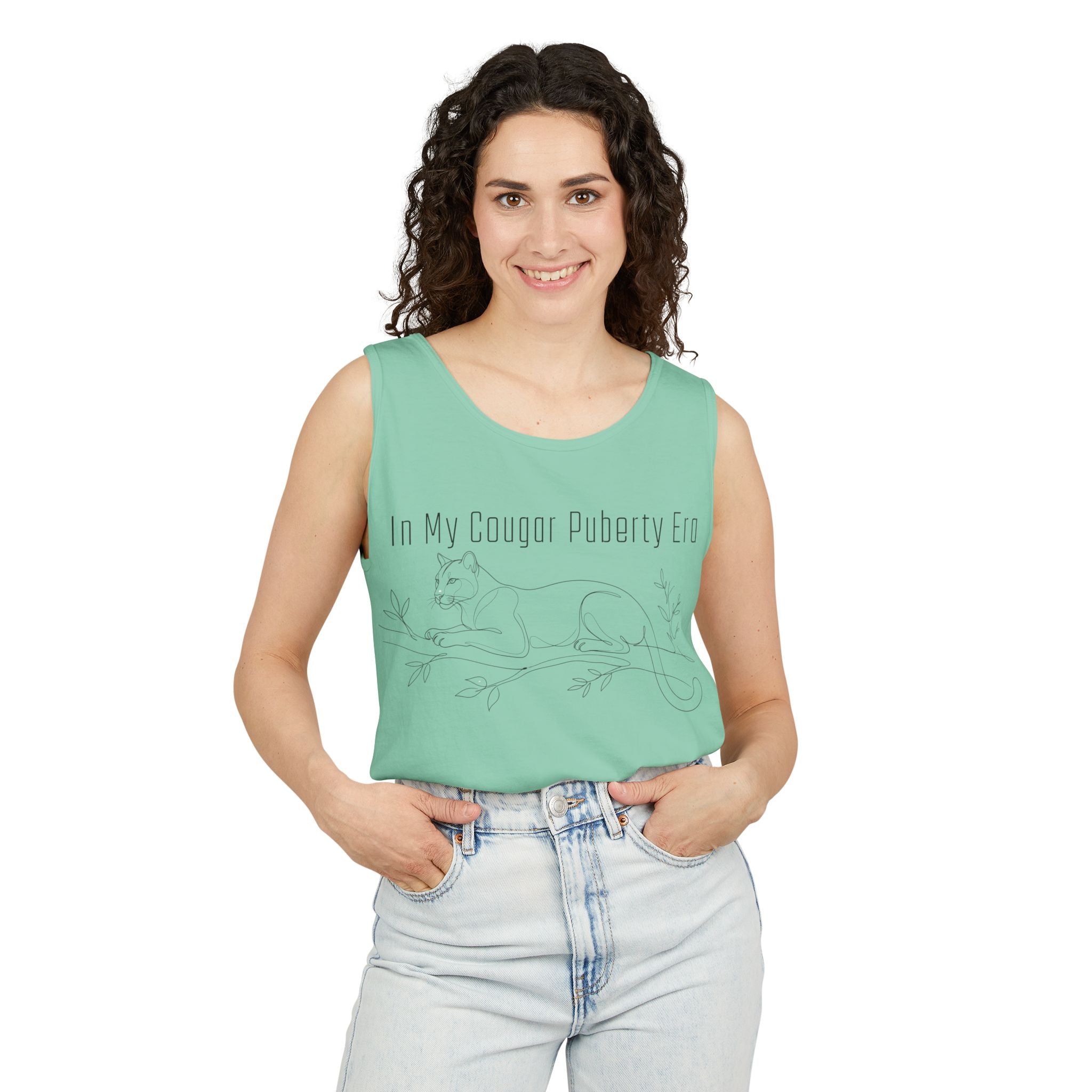 Cougar Puberty Era Tank Top — Funny Line Art Cougar Shirt, Minimalist Cat Graphic Tee, PolishedPanic Sleeveless Summer Top