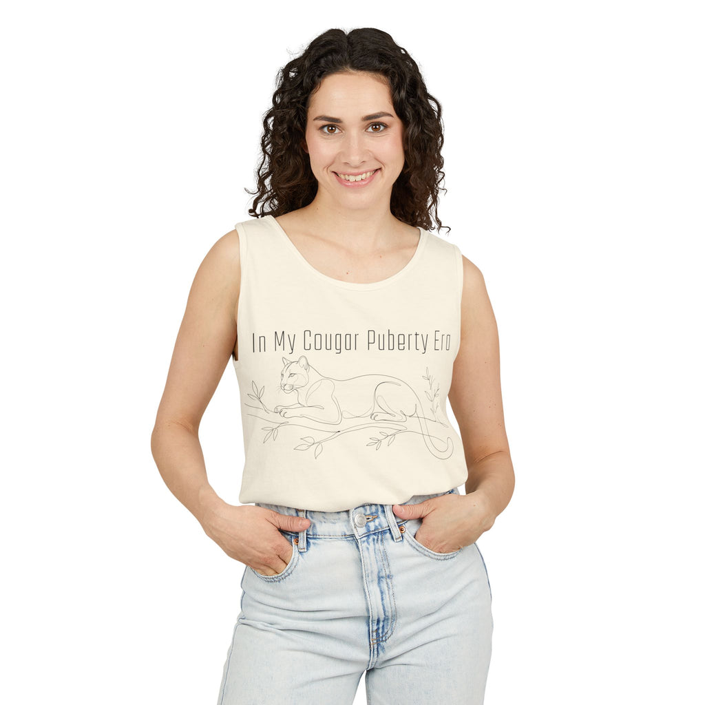 Cougar Puberty Era Tank Top — Funny Line Art Cougar Shirt, Minimalist Cat Graphic Tee, PolishedPanic Sleeveless Summer Top