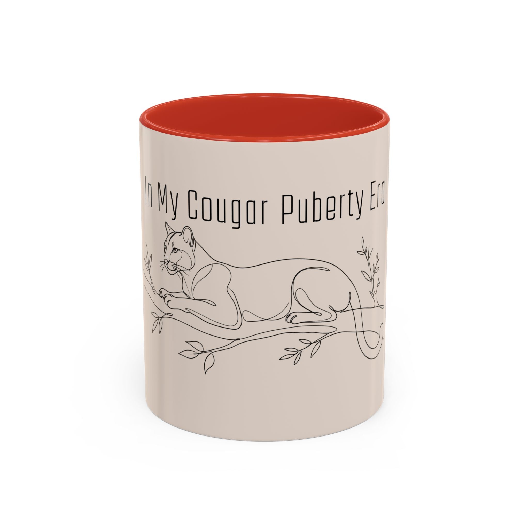 In My Cougar Puberty Era Mug — Funny Line Art Cougar Coffee Cup, Ceramic Accent Mug, PolishedPanic Cute Cat Gift for Her
