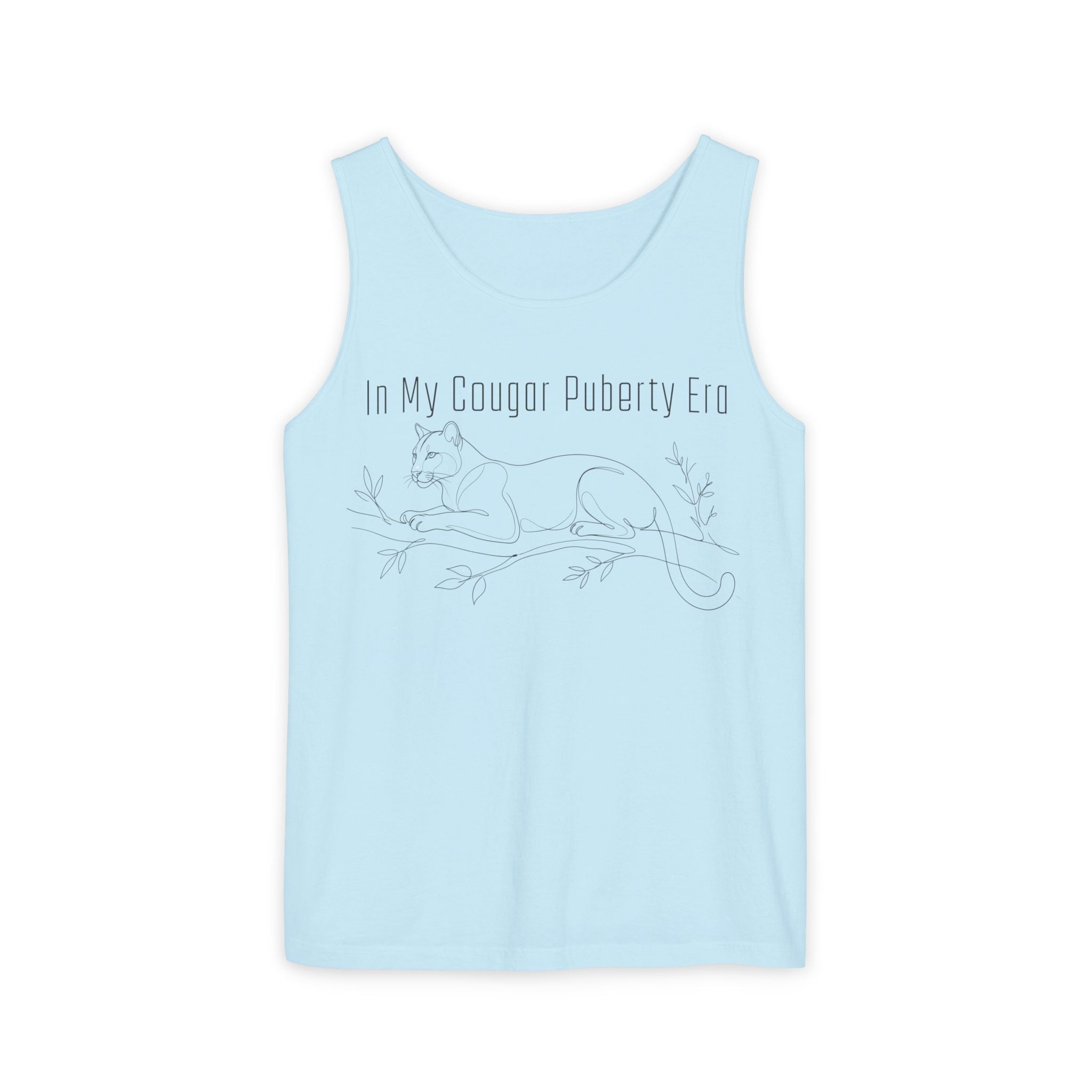 Cougar Puberty Era Tank Top — Funny Line Art Cougar Shirt, Minimalist Cat Graphic Tee, PolishedPanic Sleeveless Summer Top