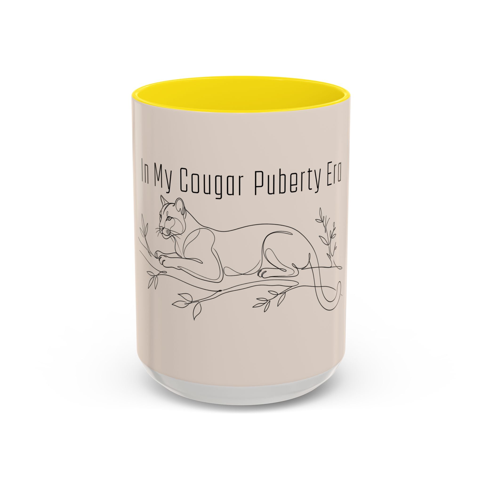 In My Cougar Puberty Era Mug — Funny Line Art Cougar Coffee Cup, Ceramic Accent Mug, PolishedPanic Cute Cat Gift for Her