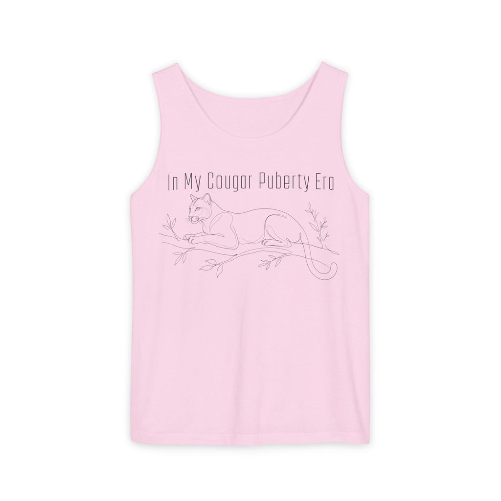Cougar Puberty Era Tank Top — Funny Line Art Cougar Shirt, Minimalist Cat Graphic Tee, PolishedPanic Sleeveless Summer Top