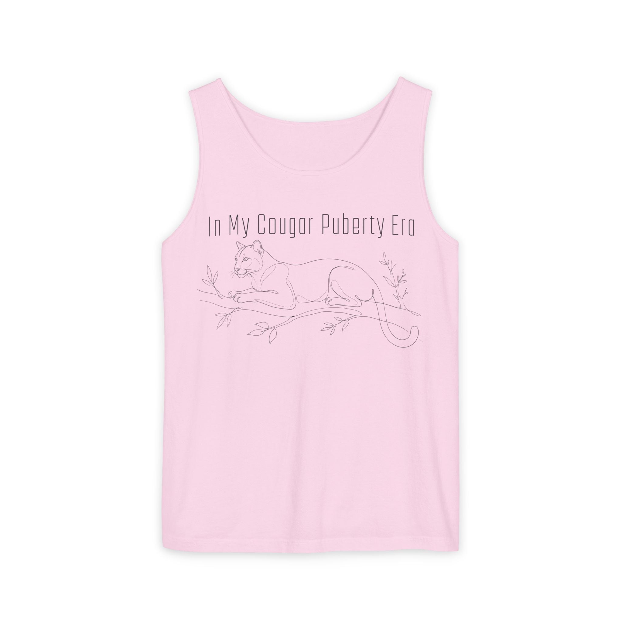Cougar Puberty Era Tank Top — Funny Line Art Cougar Shirt, Minimalist Cat Graphic Tee, PolishedPanic Sleeveless Summer Top
