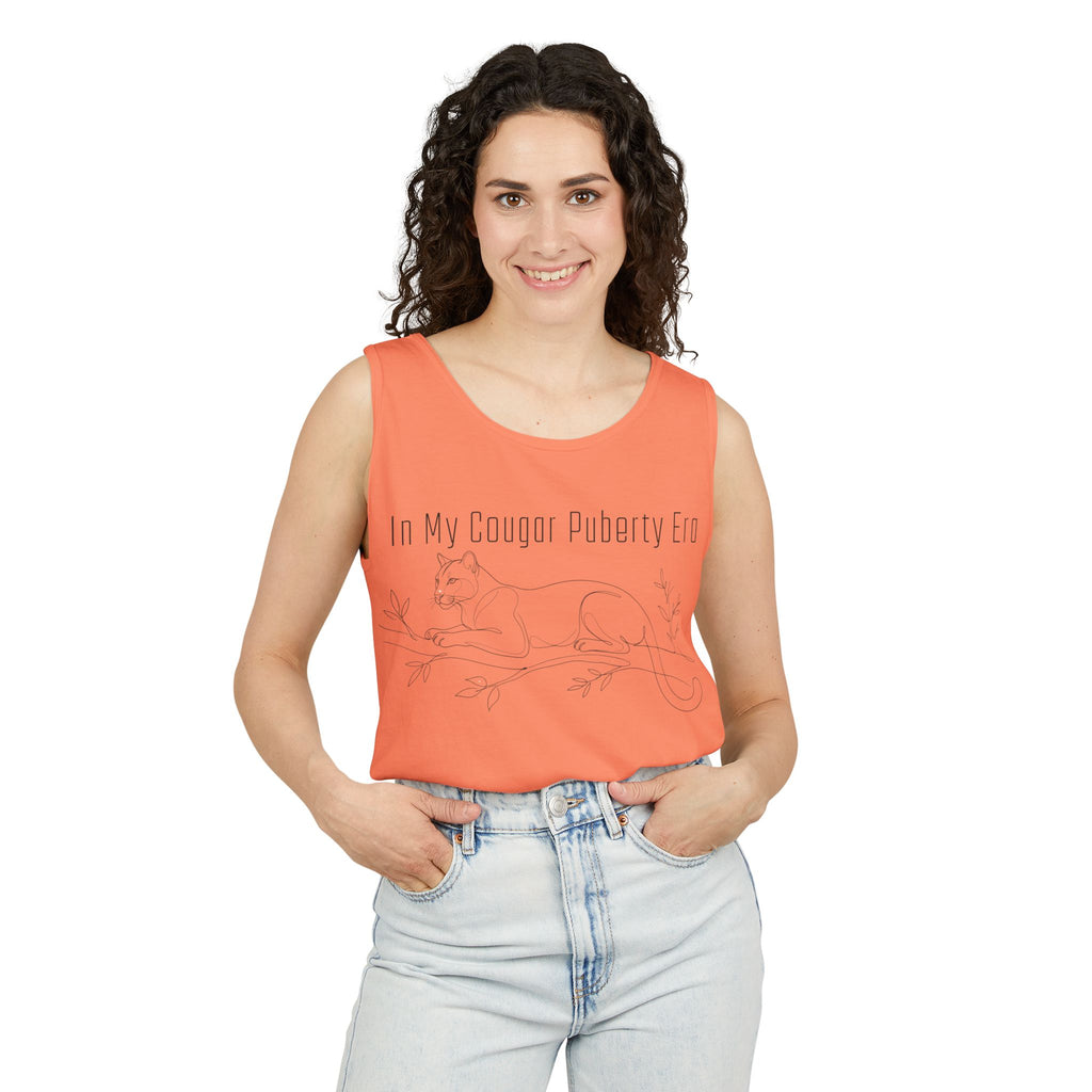 Cougar Puberty Era Tank Top — Funny Line Art Cougar Shirt, Minimalist Cat Graphic Tee, PolishedPanic Sleeveless Summer Top