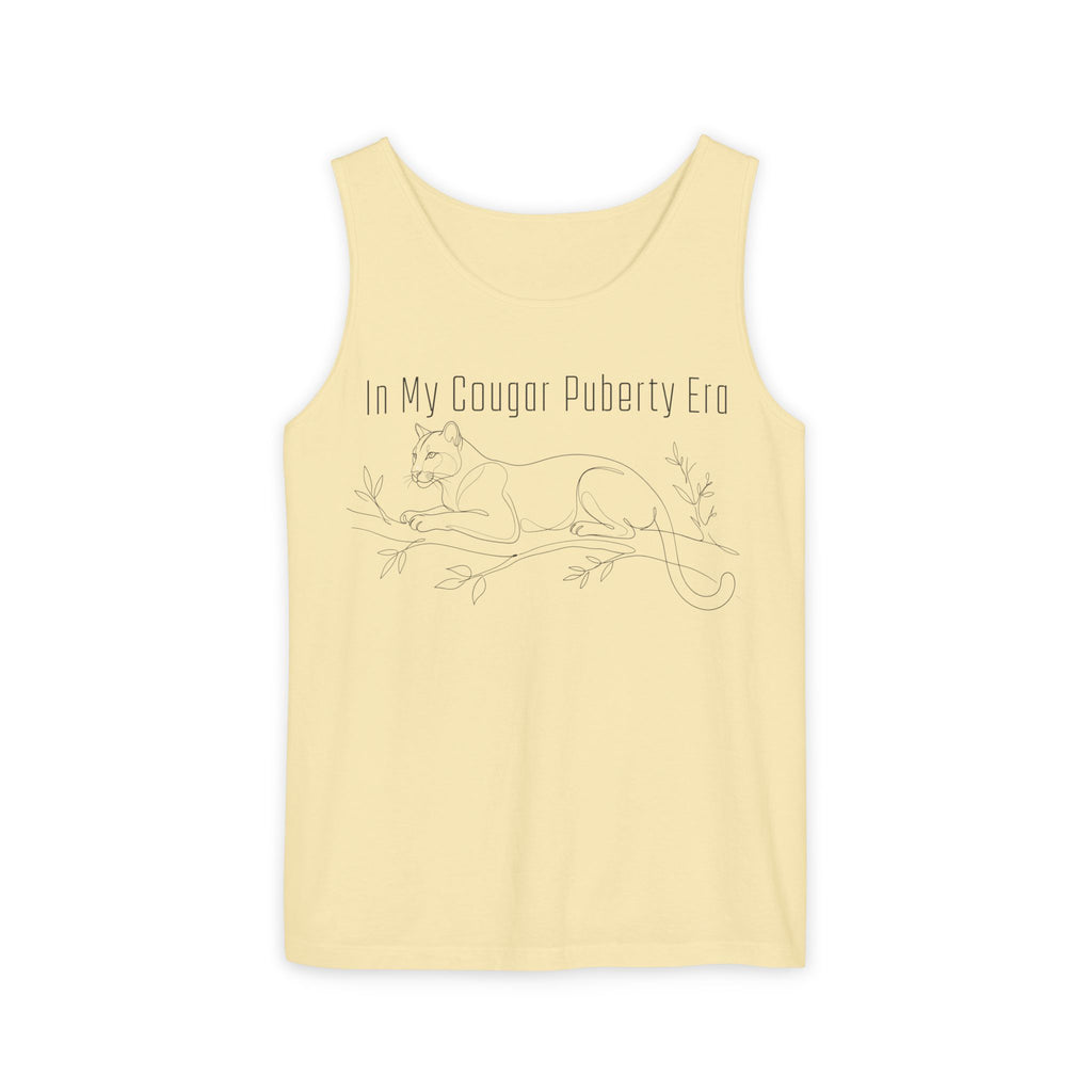 Cougar Puberty Era Tank Top — Funny Line Art Cougar Shirt, Minimalist Cat Graphic Tee, PolishedPanic Sleeveless Summer Top