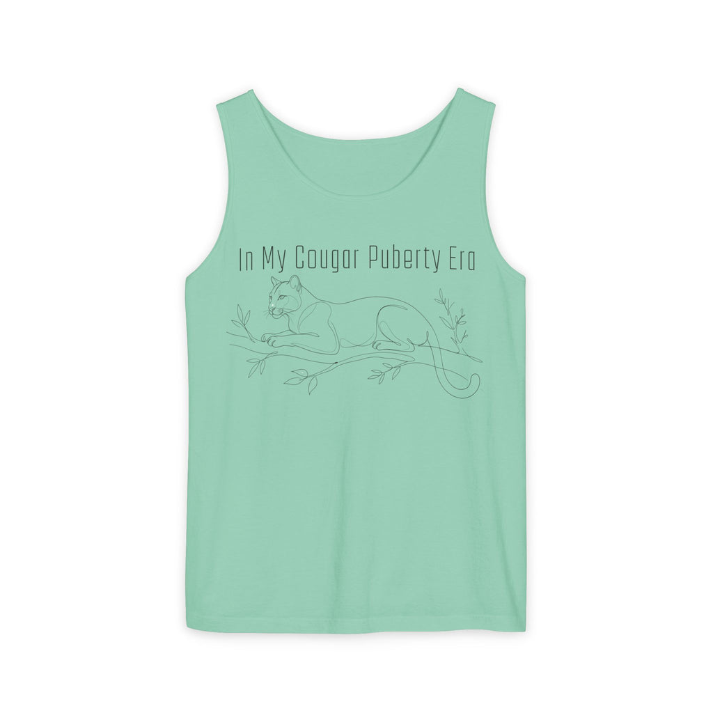Cougar Puberty Era Tank Top — Funny Line Art Cougar Shirt, Minimalist Cat Graphic Tee, PolishedPanic Sleeveless Summer Top