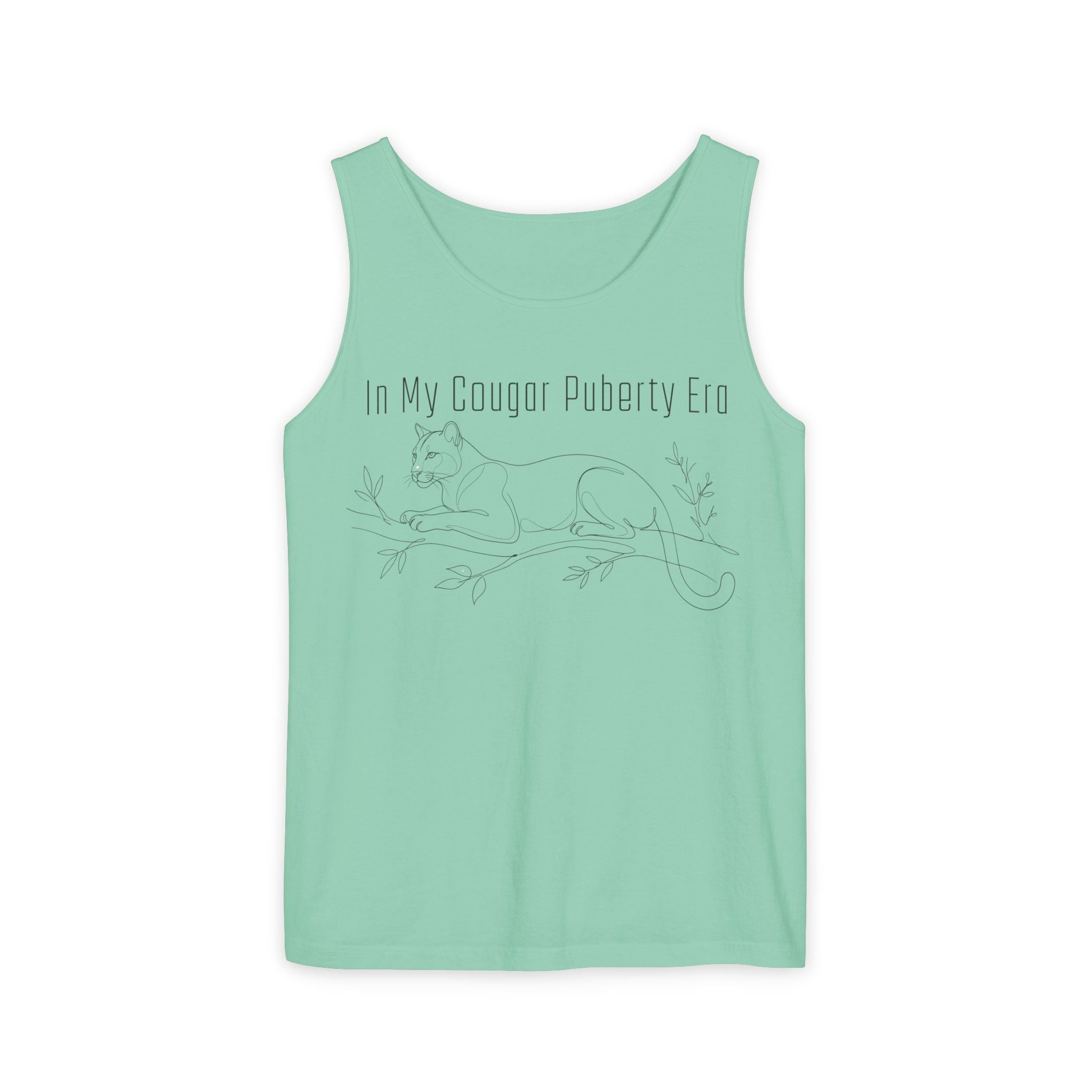 Cougar Puberty Era Tank Top — Funny Line Art Cougar Shirt, Minimalist Cat Graphic Tee, PolishedPanic Sleeveless Summer Top