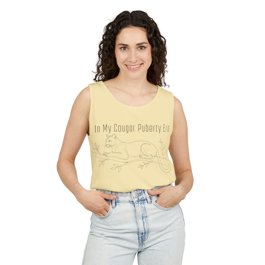 Cougar Puberty Era Tank Top — Funny Line Art Cougar Shirt, Minimalist Cat Graphic Tee, PolishedPanic Sleeveless Summer Top
