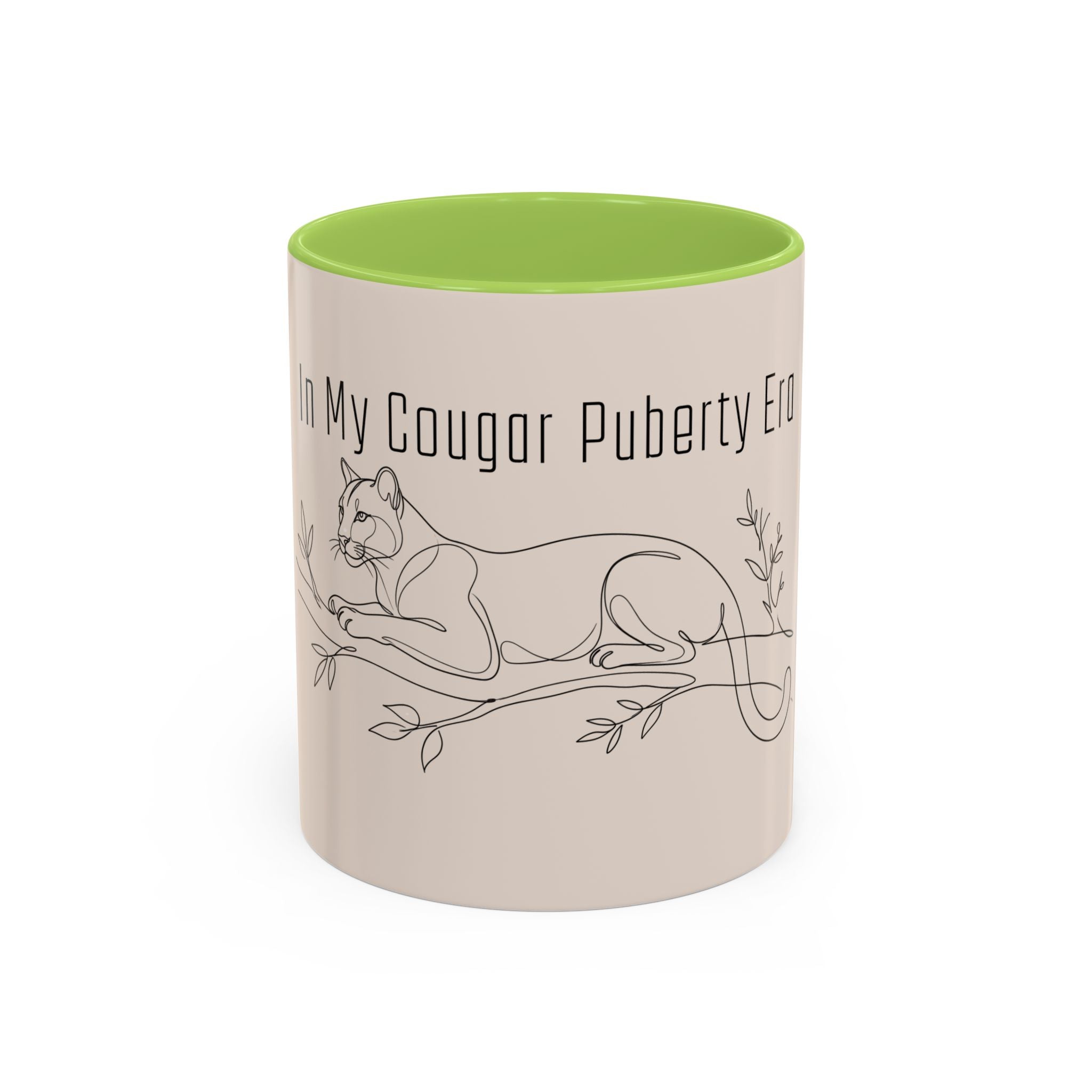 In My Cougar Puberty Era Mug — Funny Line Art Cougar Coffee Cup, Ceramic Accent Mug, PolishedPanic Cute Cat Gift for Her